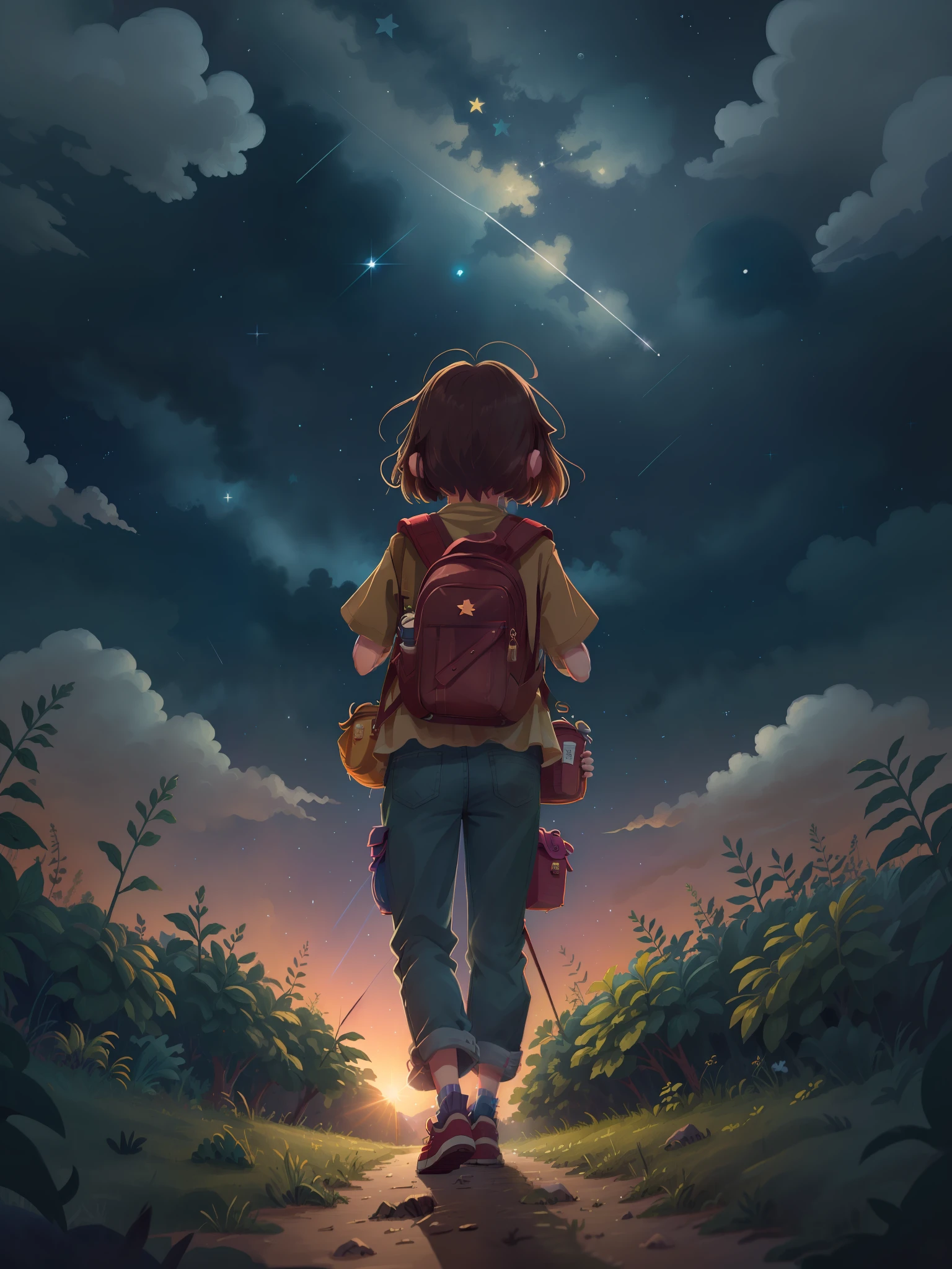 night，Starry night，Beautiful starry sky，Vast night sky，Starry sky in the dark night，Stars glowing brightly，A silhouette with a back figure girl looked at the sky and walked forward，trousers，Carrying a backpack，A Masterpiece，Ridily details，Ultra-wide lens