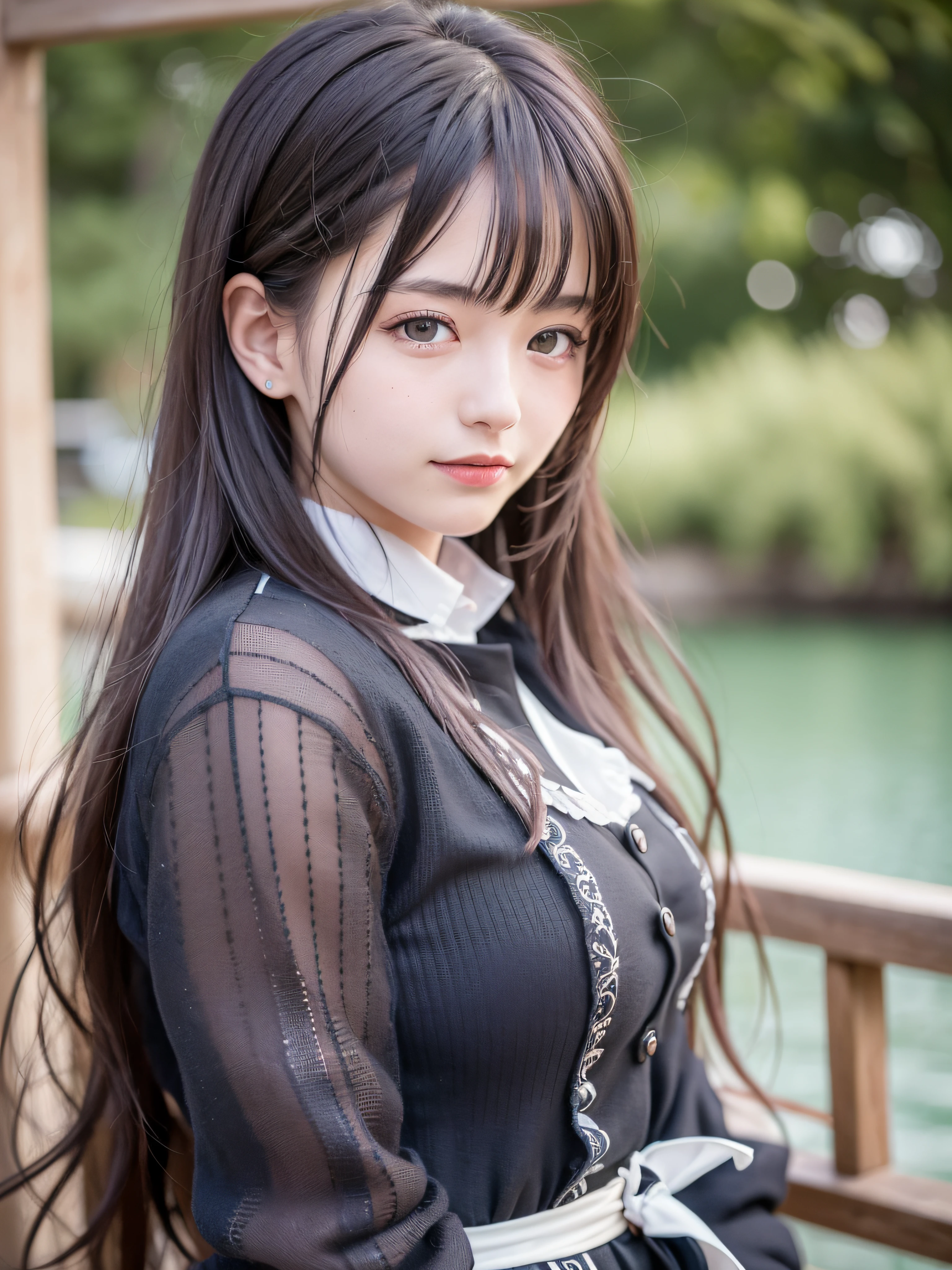 (realistic, photo-realistic:1.37), incredibly absurdres, (insanely detailed:1.3), 8k, (masterpiece), (best quality:1.4), (ultra high res:1.2), (RAW photo:1.2), ultra detailed background, (unity 8k wallpaper), 1 nogizaka girl, utterly cute, (bishojo:1.35), (16yo:1.4), (chiemsee tracht), an exquisitely detailed and beautiful face and eyes and skin, detailed black shine hair, small-medium breasts, a chiemsee tracht with delicate and beautiful soft fabric, smile at the camera, cowboy shot, scenery of lake geneva, professional lighting