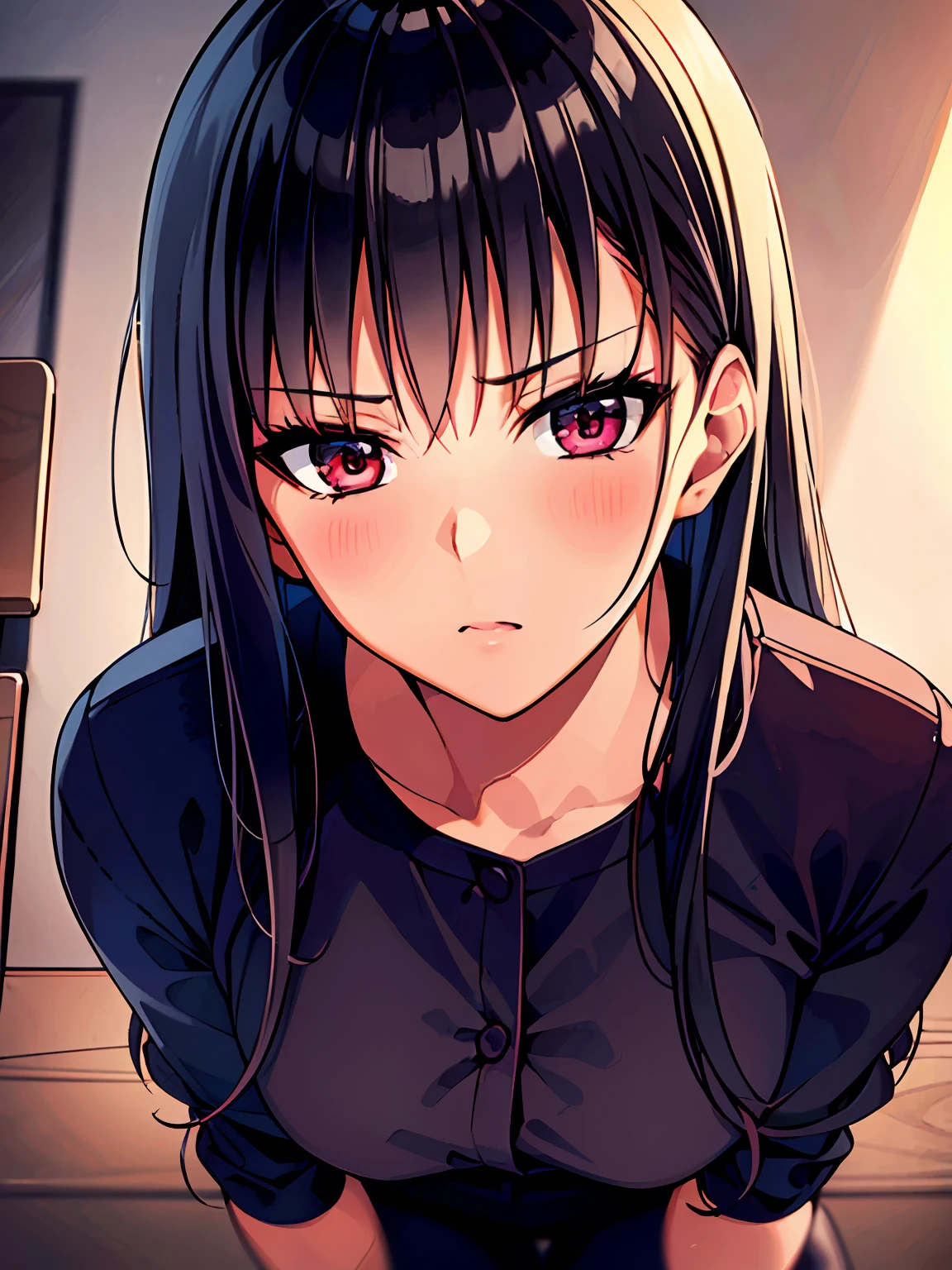 A woman who is in her room only in mini blue blouse Light Dark panties, Look Red, long dark hair, (CG:1.4 extremely detailed), highly detailed faces, 8k