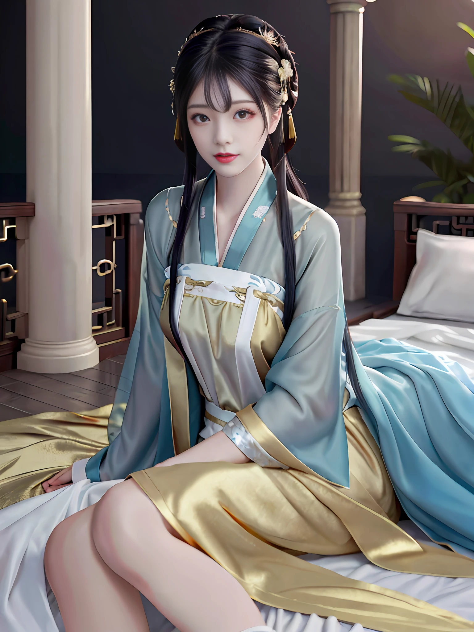 Best quality, masterpiece, high resolution, (couple cuddles), (Hanfu: 1.2), (gold thread stitching: 1.1), white translucent silk Hanpeng, (translucent silk: 1.3), (Ancient Chinese palace: 1.2), Lips, dresses, (hair accessories: 1.2), (ancient Chinese bed: 1.3), , Long hair, medium chest, Delicate beautiful eyes, Delicate eyelashes, Beautiful face, upon_body, Tyndall effect, (Realistic: 1.2), Edge Lighting, Bi-tone Lighting, (High Detail Skin: 1.2), 8K UHD, DSLR, Soft Light, High Quality, Volumetric Light, Snapshot, (Photo: 1.1), High Resolution, Highest, High Resolution, Detailed Eyelashes, Beautiful Face, Body, Tyndall Effect, Two-tone Lighting, (High Detail Skin: 1.2), 8K Ultra HD, Soft Light, High Quality, Volume Lighting, Frank Shooting, (Low Angle Shooting: 1.1), (Men and Women Lying in Bed), Sexy, Chivalrous.