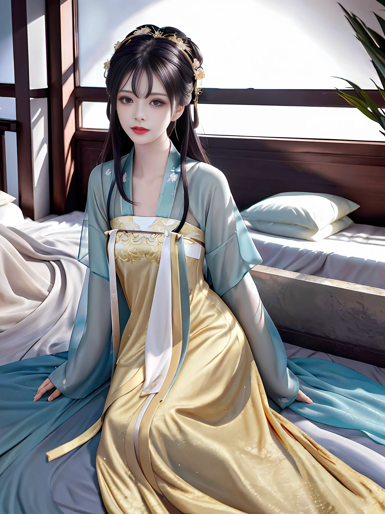 Best quality, masterpiece, high resolution, (couple cuddles), (Hanfu: 1.2), (gold thread stitching: 1.1), white translucent silk Hanpeng, (translucent silk: 1.3), (Ancient Chinese palace: 1.2), Lips, dresses, (hair accessories: 1.2), (ancient Chinese bed: 1.3), , Long hair, medium chest, Delicate beautiful eyes, Delicate eyelashes, Beautiful face, upon_body, Tyndall effect, (Realistic: 1.2), Edge Lighting, Bi-tone Lighting, (High Detail Skin: 1.2), 8K UHD, DSLR, Soft Light, High Quality, Volumetric Light, Snapshot, (Photo: 1.1), High Resolution, Highest, High Resolution, Detailed Eyelashes, Beautiful Face, Body, Tyndall Effect, Two-tone Lighting, (High Detail Skin: 1.2), 8K Ultra HD, Soft Light, High Quality, Volume Lighting, Frank Shooting, (Low Angle Shooting: 1.1), (Men and Women Lying in Bed), Sexy, Chivalrous.