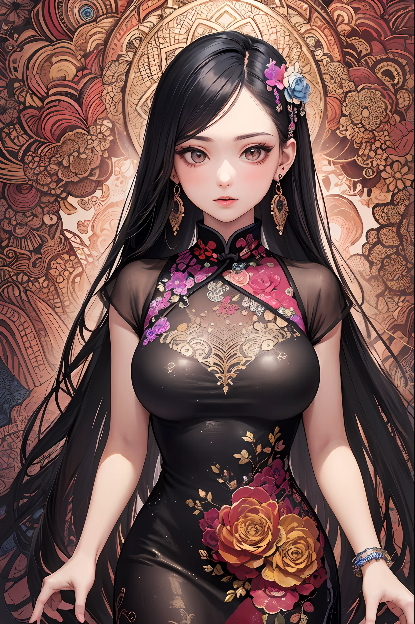 (masterpiece, top quality, best quality, official art, beautiful and aesthetic:1.2), (1girl:1.3), extremely detailed,(fractal art:1.1),(colorful:1.1)(flowers:1.3),highest detailed,(zentangle:1.2), (dynamic pose), (abstract background:1.3), (chinese dress:1.2), (shiny skin), (many colors:1.4), ,(earrings:1.4),