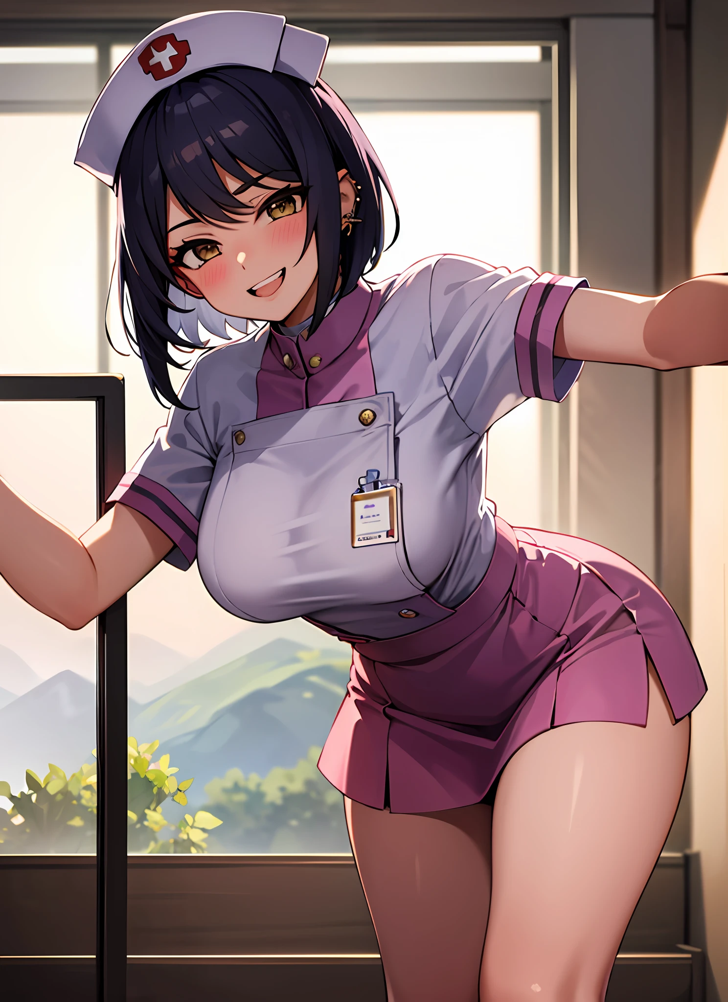 kujousaradef, nurse, smile, blush, hospital, indoor, day, window, short hair, sky, temple, looking at viewer, stairs, mountain, moody lighting, facing viewer, sexy pose, show teeth, tattoo, cool black tattoo, ear pierce, cleveage, nurse uniform, mini skirt, stocking, nurse hat, pink nurse uniform, infirmary,