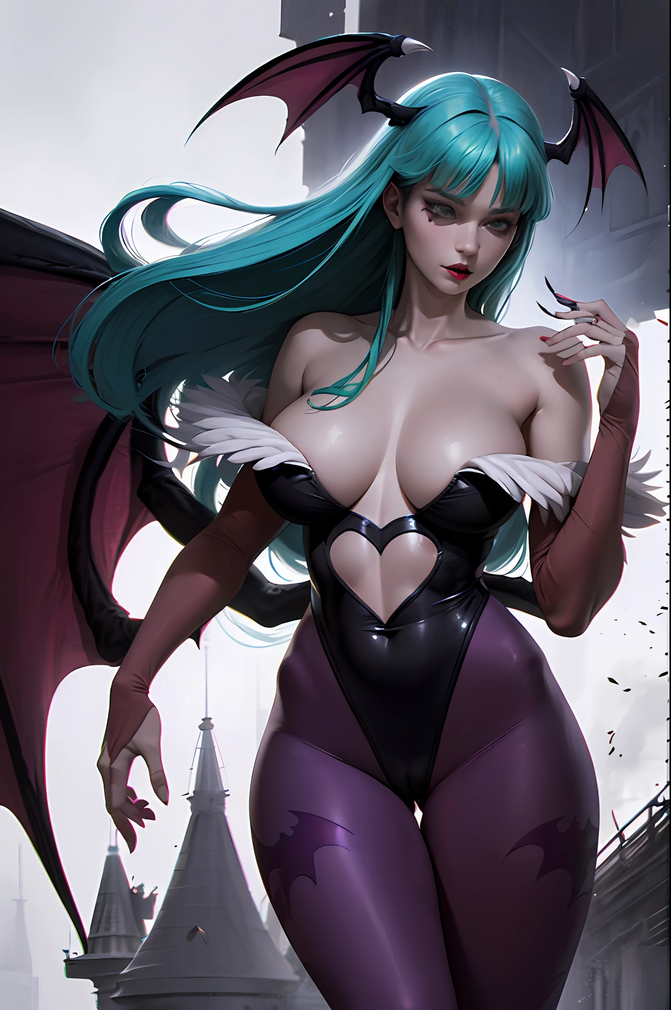 masterpiece, 8k, high quality photography of (Beautiful) (morrigan aensland), (detailed face), maximum details, (face in FOCUS), (diffuse lighting), CANON EOS, (cinematic:1.2), (castle), (boket:1.2), (dark theme),(toned body), (dark makeup:1.2), (chiaro scuro:1.2), (ISO 100:1.2), full body, naked, breasts showing, showing