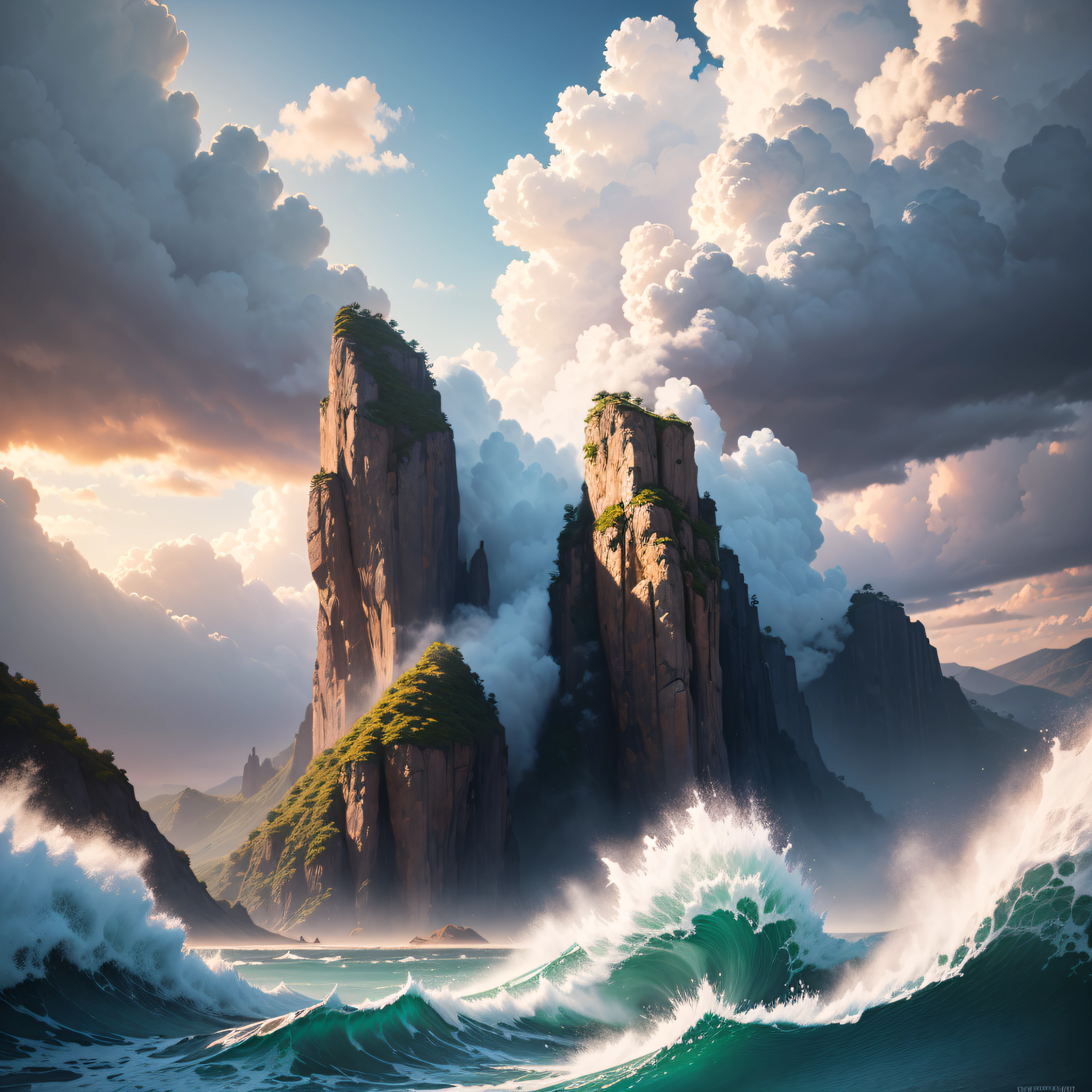 artwork majestic palm tree in digital painting style , beautiful flowers, sunrise mountains and clouds , big sea waves, water splashes, white background, colorful fantasy flower sorround, highly detailed clean, vector image, photorealistic masterpiece, professional photography, realistic, flat white background, isometric, vibrant vector, clipart, illustration, realism, 4k, , cinematic, front view, white background, --auto