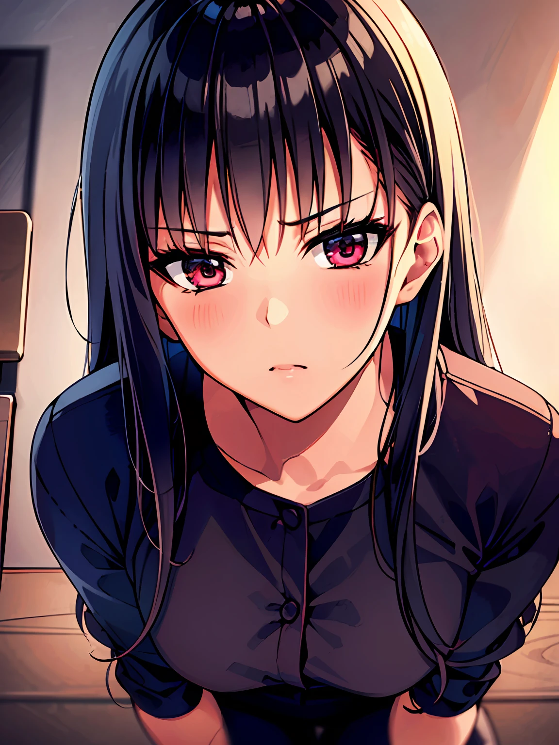 A woman who is in her room only in mini blue blouse Light Dark panties, Look Red, long dark hair, (CG:1.4 extremely detailed), highly detailed faces, 8k