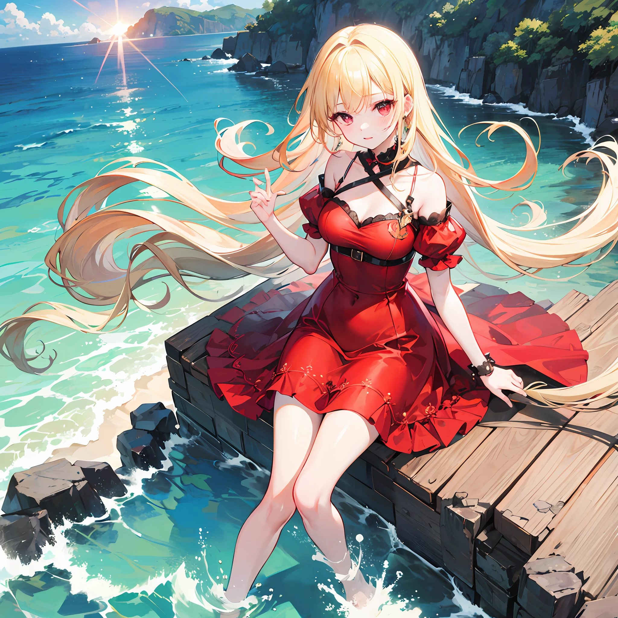 One blonde girl、red-eyed、Red dress、sun、daylight、The sea