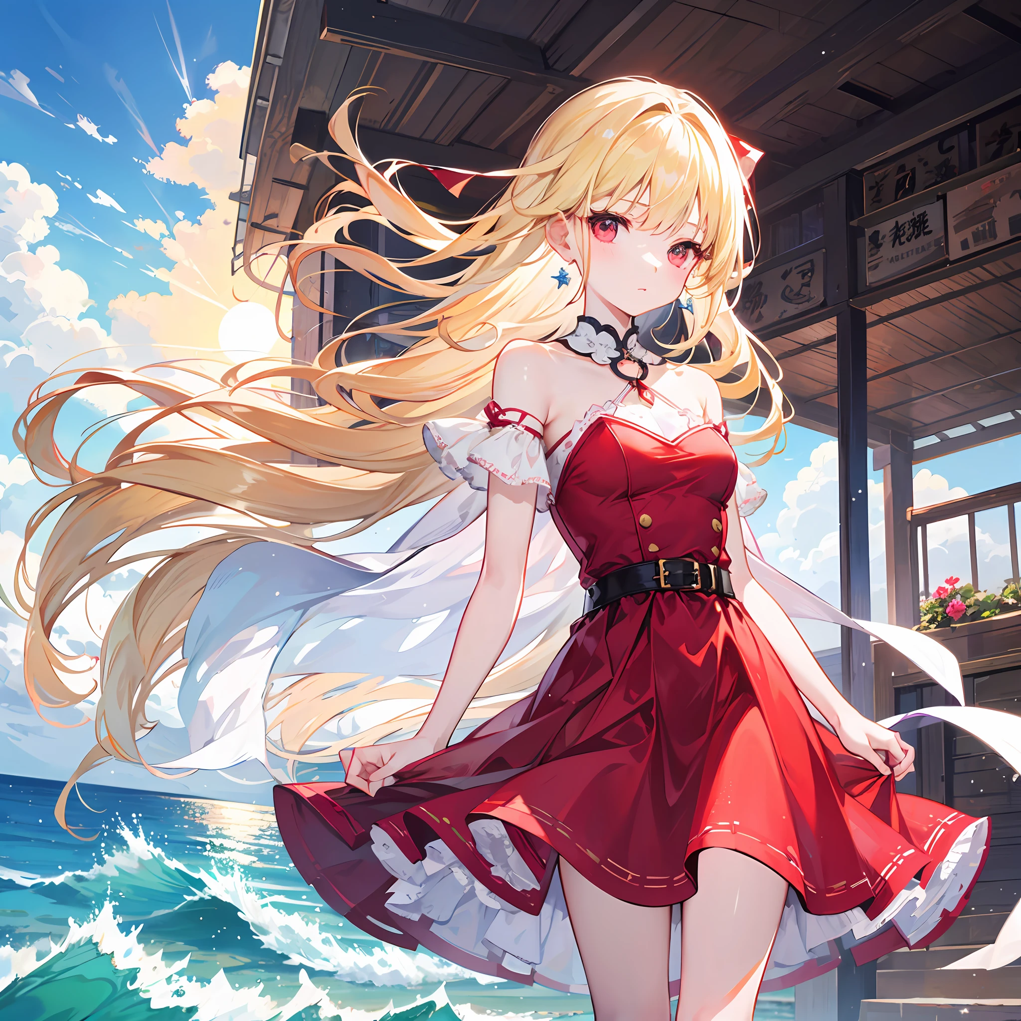 One blonde girl、red-eyed、Red dress、sun、daylight、The sea