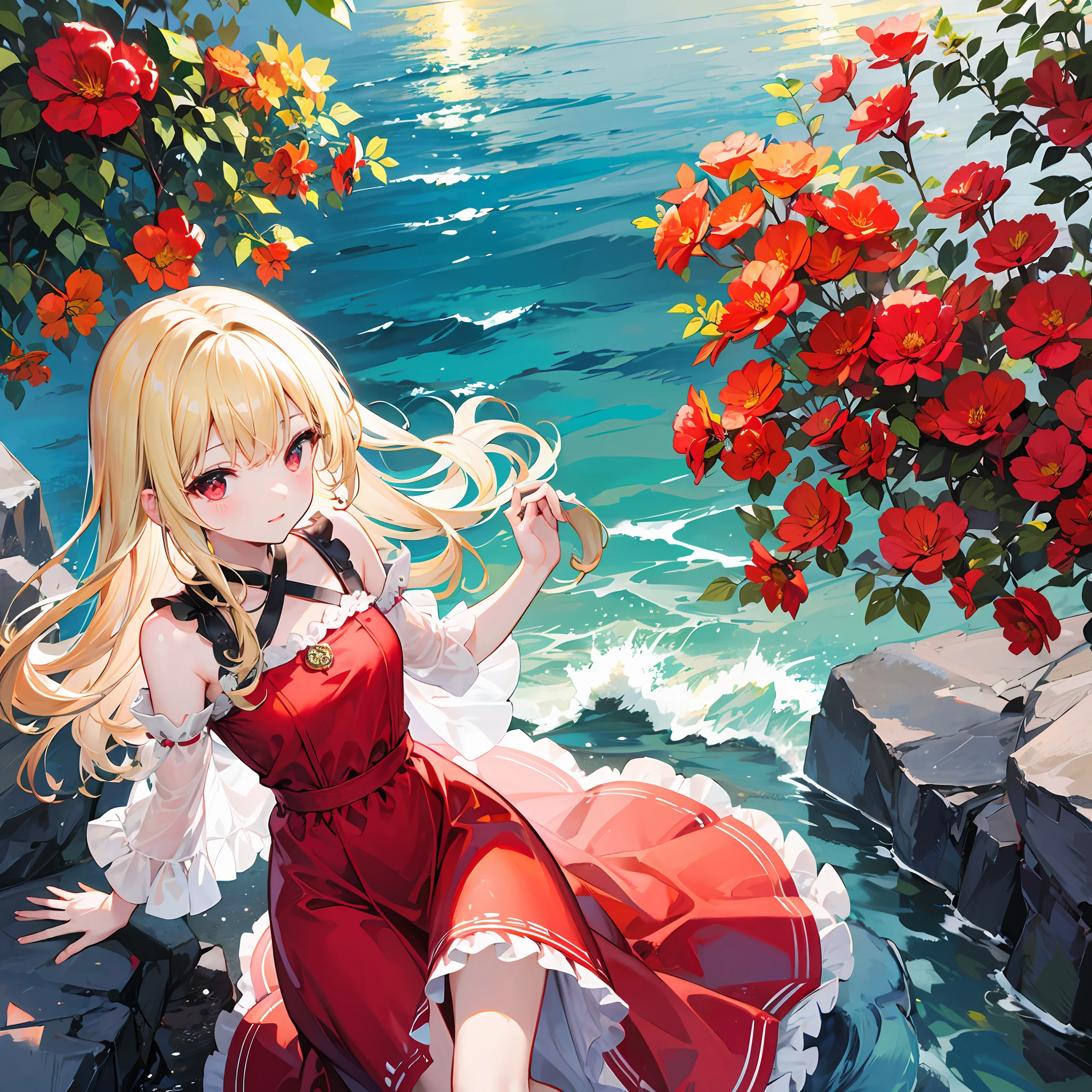 One blonde girl、red-eyed、Red dress、sun、daylight、The sea