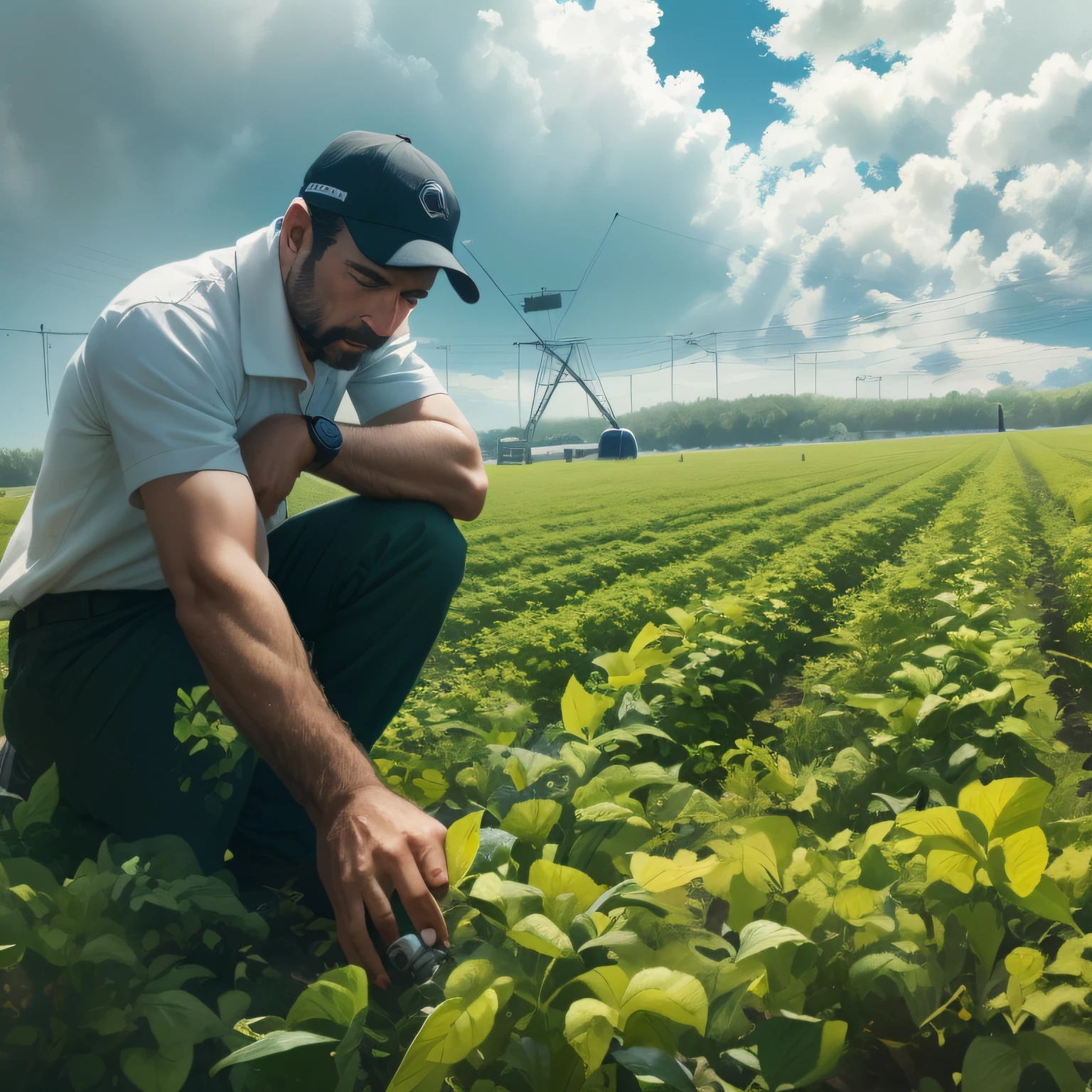 arafed man kneeling in a field of crops with a sprinkler, tiro focado, agricultor, Direction: Paul Davis, foto tirada, irrigation, 2506921471, 872637744, scenic full shot, uncrop, 3580780586, Direction: Scott M. Fischer