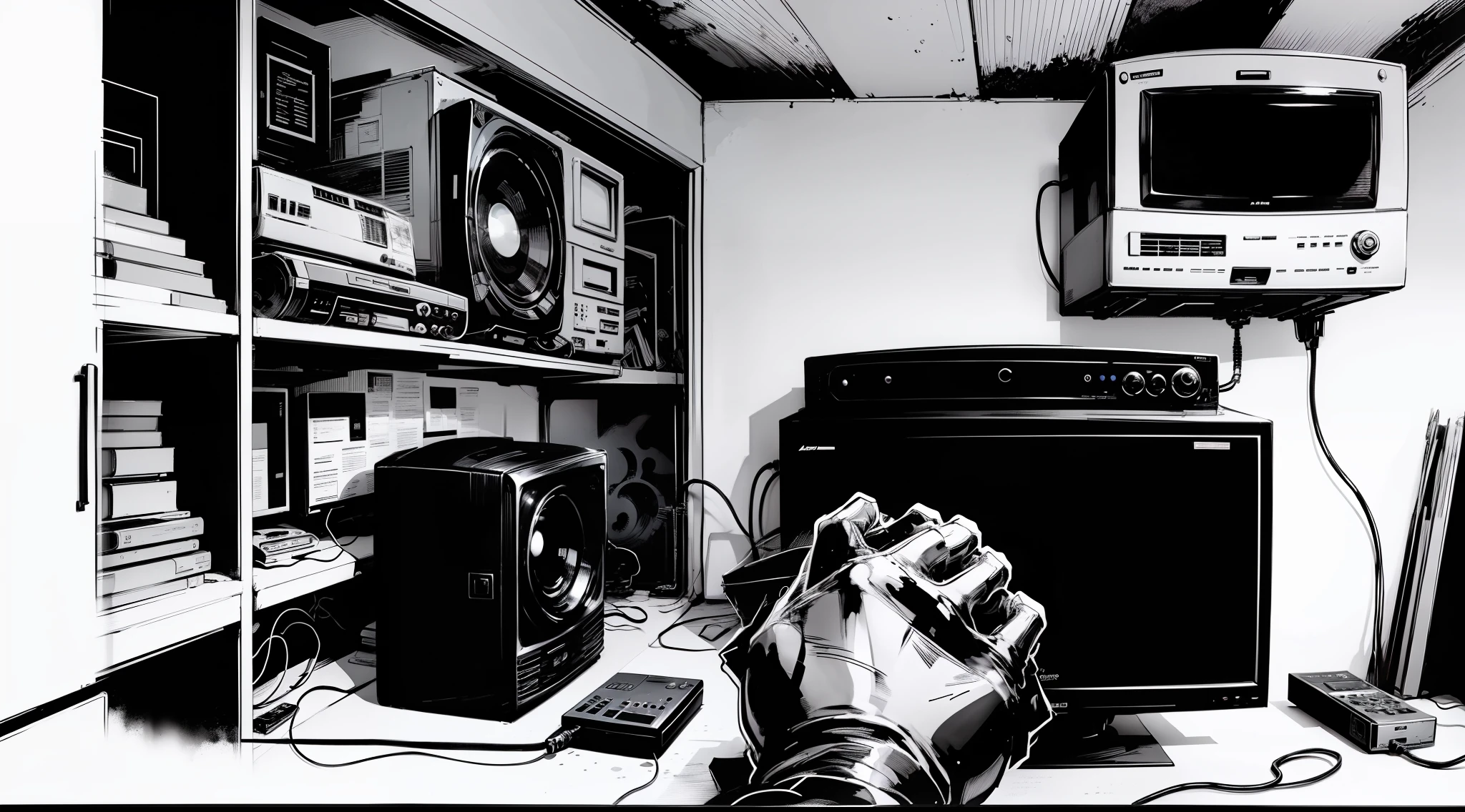Draw an image in Marvel inspired black and white comic book style, Image should be simple in black and white colors with clean lines and minimal details, Outline should be done in pen or pencil, Think of a hero calling and turning the power switch on an old 80s tv crt screen in an empty room, black and white television still, it is visibly turning the tv on, the hero must still be looking at the old tv monitor