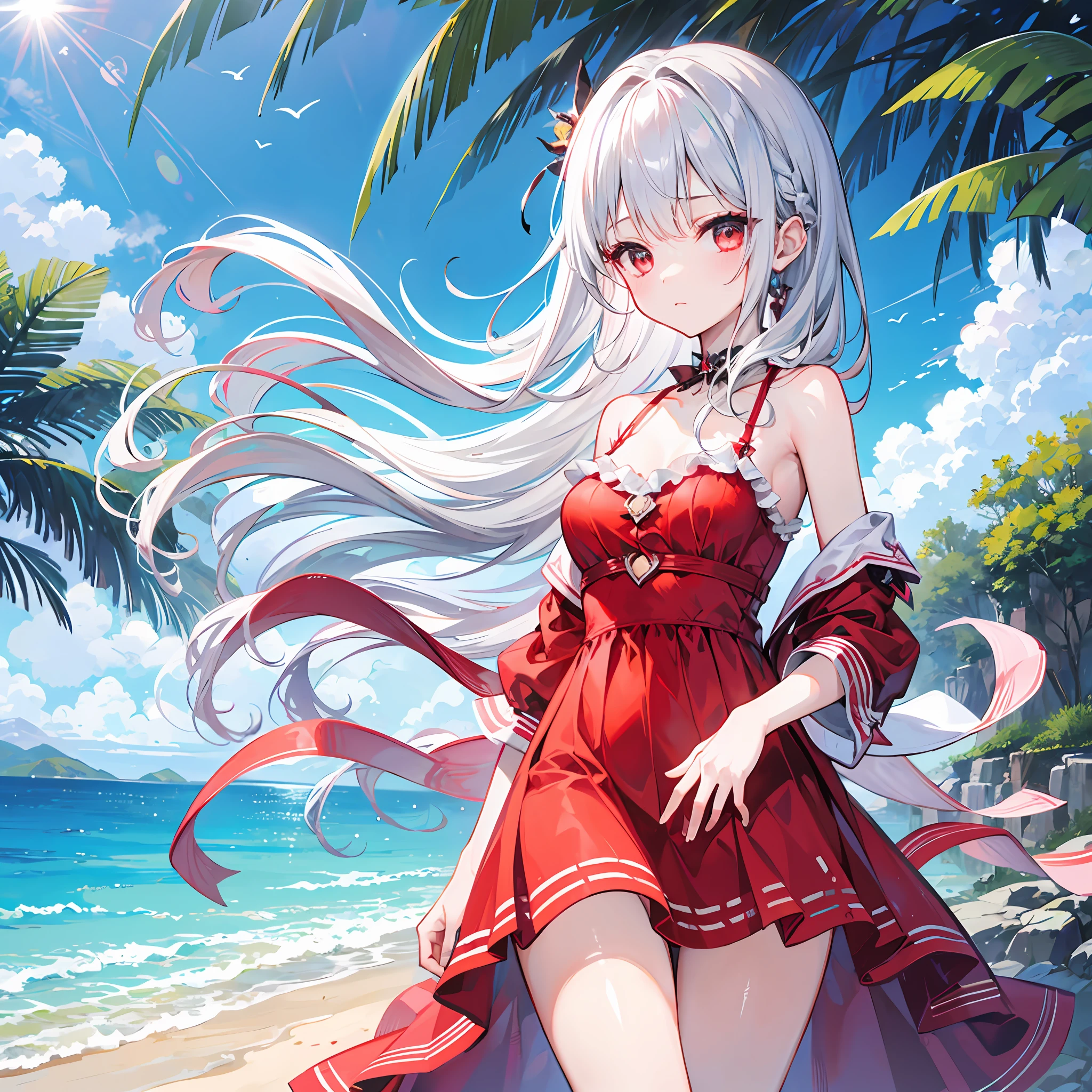 One Girl With Silver Hair、red-eyed、Red dress、sun、daylight、seaside