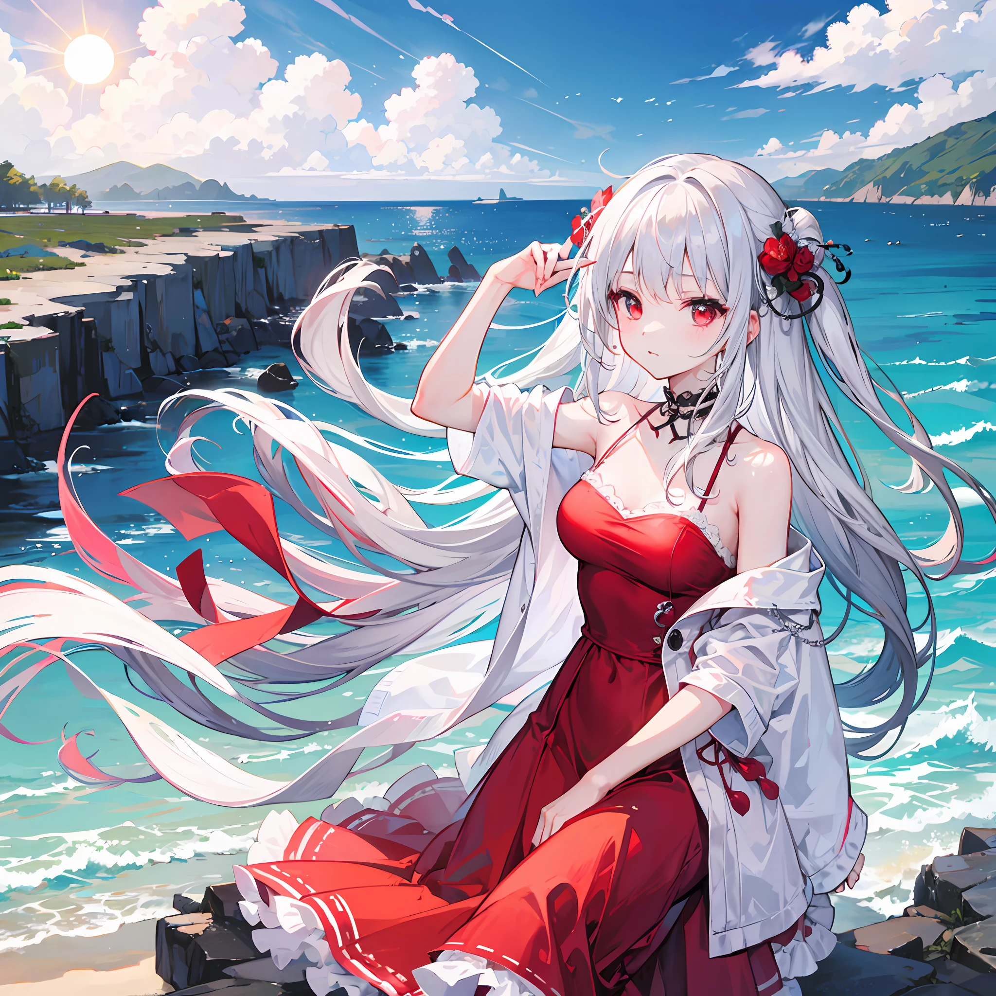 One Girl With Silver Hair、red-eyed、Red dress、sun、daylight、seaside