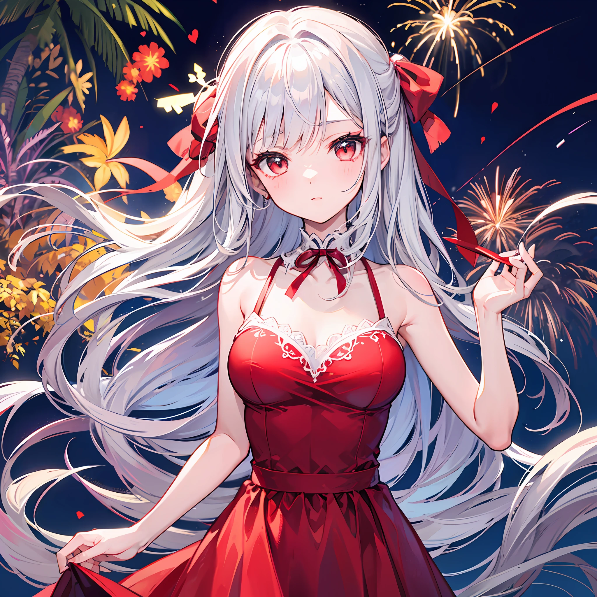 One Girl With Silver Hair、Red ribbon、red-eyed、Red dress、night、firework