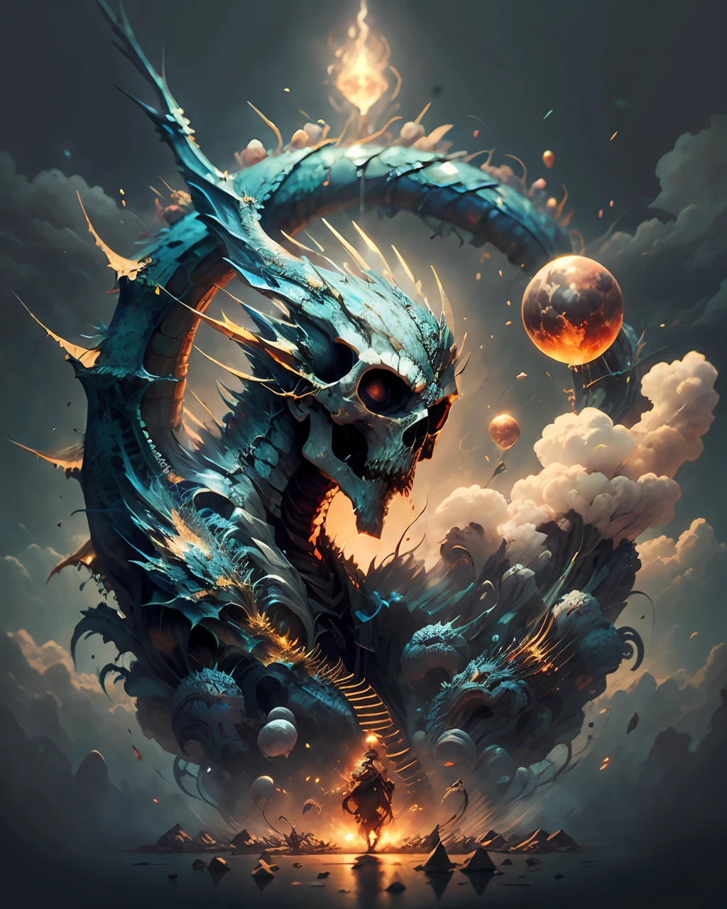 Herois de Dangerous and Dragon passeando pelo vale da morte cercado por cranios humanos, com uma atmosfera sombria e asssustadora em um cenario de medo