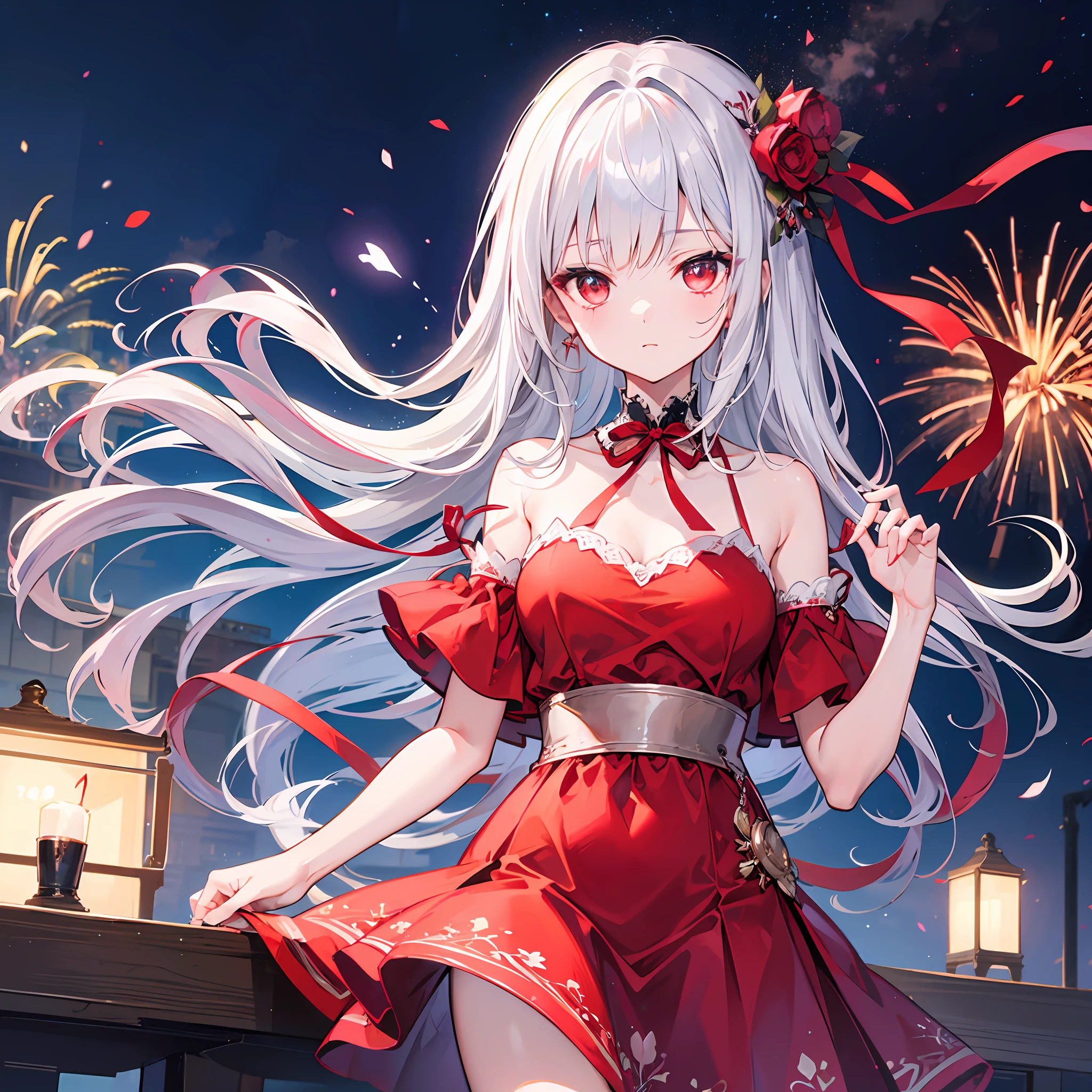 One Girl With Silver Hair、Red ribbon、red-eyed、Red dress、night、firework