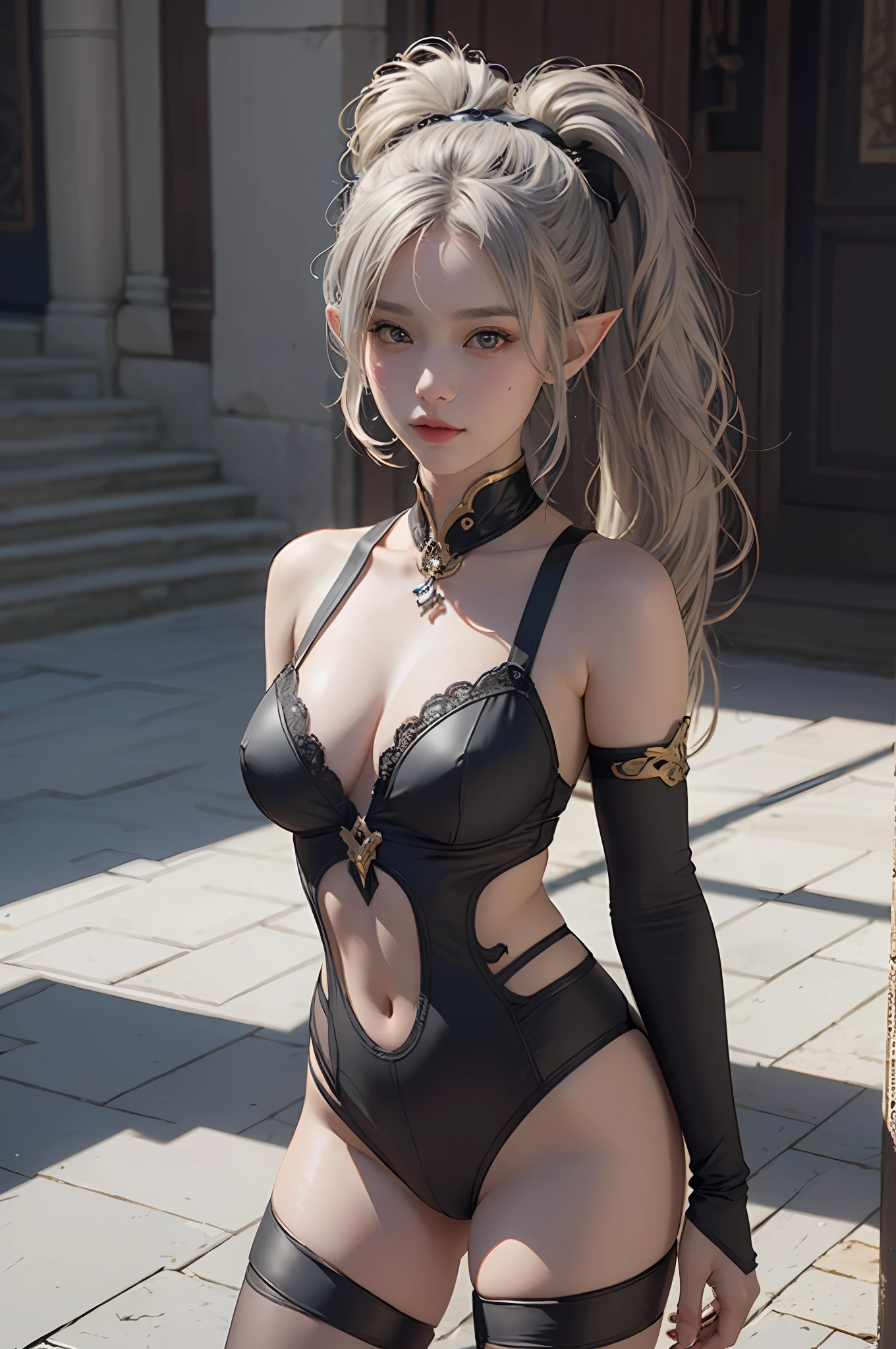 ((best qualiy)), ((A Masterpiece)), (detail:1.4), 3D, A beautiful elven oriental fantasy style beautiful girl，Elf long ears，（（Long silver hair，Double ponytail:1.9））,（Metal tights：1.4）（Western European medieval style，Metal Temple，：1.6），Metallic sequins，fantasy style,closeup at the face,Extremely normal hands,Extremely normal legs,hdr（High dynamic range）,raytracing,NVIDIA RTX,ultra resolution,Unreal 5,Subsurface scattering、PBR Texture、post processing、Anisotropic filtration、depthoffield、Maximum clarity and clarity、Multilayer Texture、Albedo e mapas Speculares、Surface Shading、Accurate simulation of light-material interactions、perfectly proportioned、rendering octane、Two-color light、Large aperture、Low ISO、White balance、rule of thirds、8K RAW、