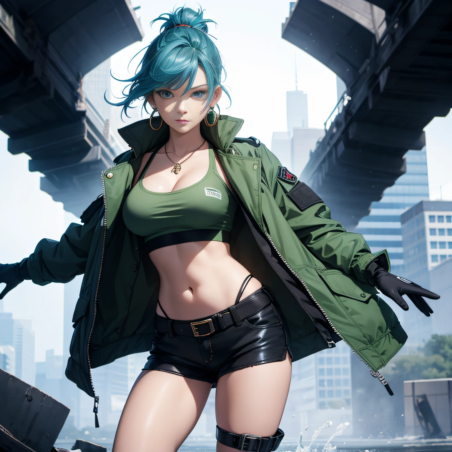 masterpiece,, best quality, highres, 1girl, leona heidern, blue hair, gloves, blue eyes, ponytail, boots, shorts, green shorts, midriff, crop top, black gloves, breasts, military uniform, green jacket, combat boots, earrings, jewelry, navel, large breasts, --auto