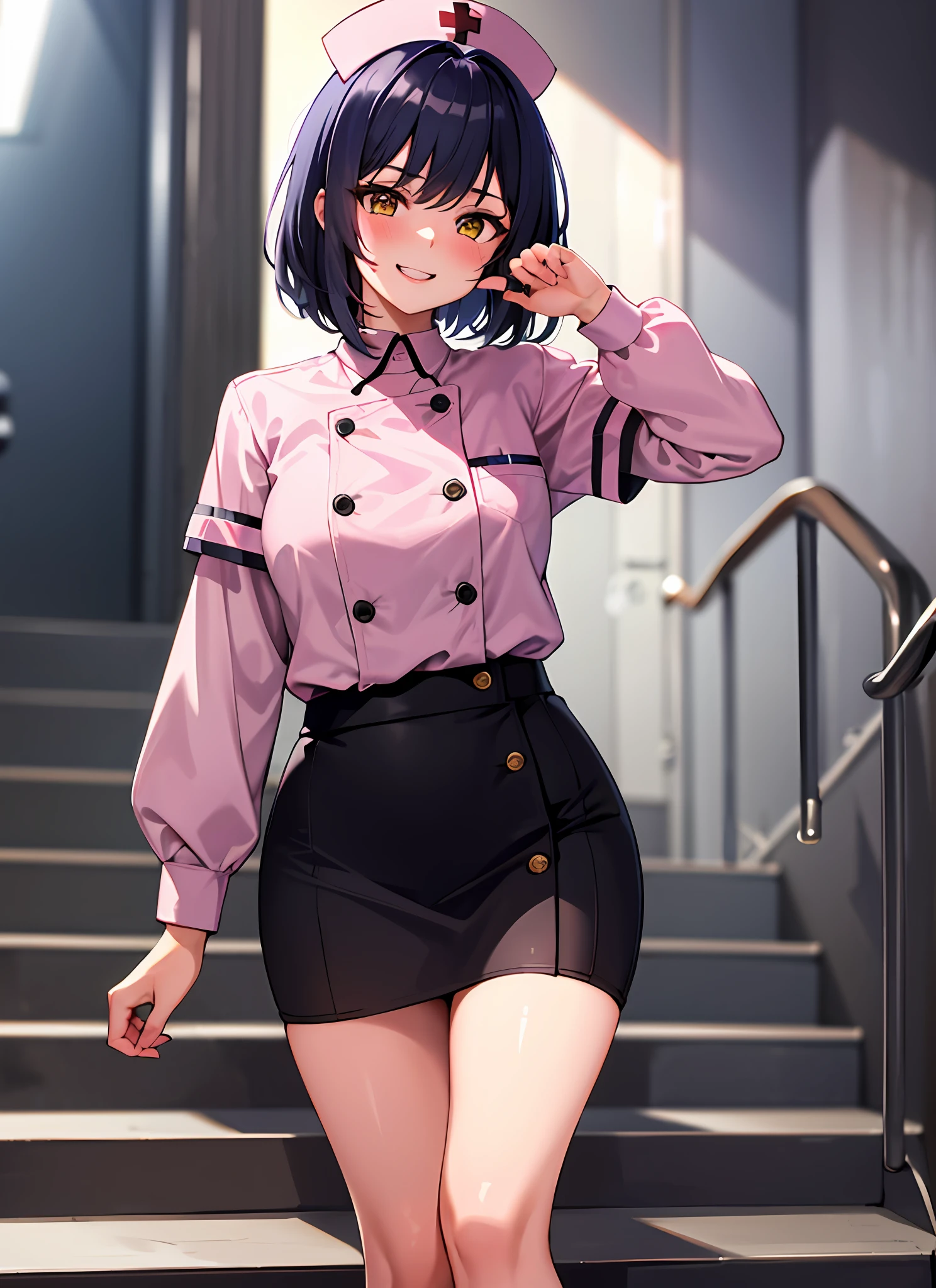 1 girl, solo, kujousaradef, nurse, smile, blush, hospital, indoor, day, window, short hair, sky, temple, looking at viewer, stairs, mountain, moody lighting, facing viewer, sexy pose, show teeth, tattoo, cool black tattoo, ear pierce, cleveage, nurse uniform, mini skirt, stocking, nurse hat, pink nurse uniform, infirmary,
