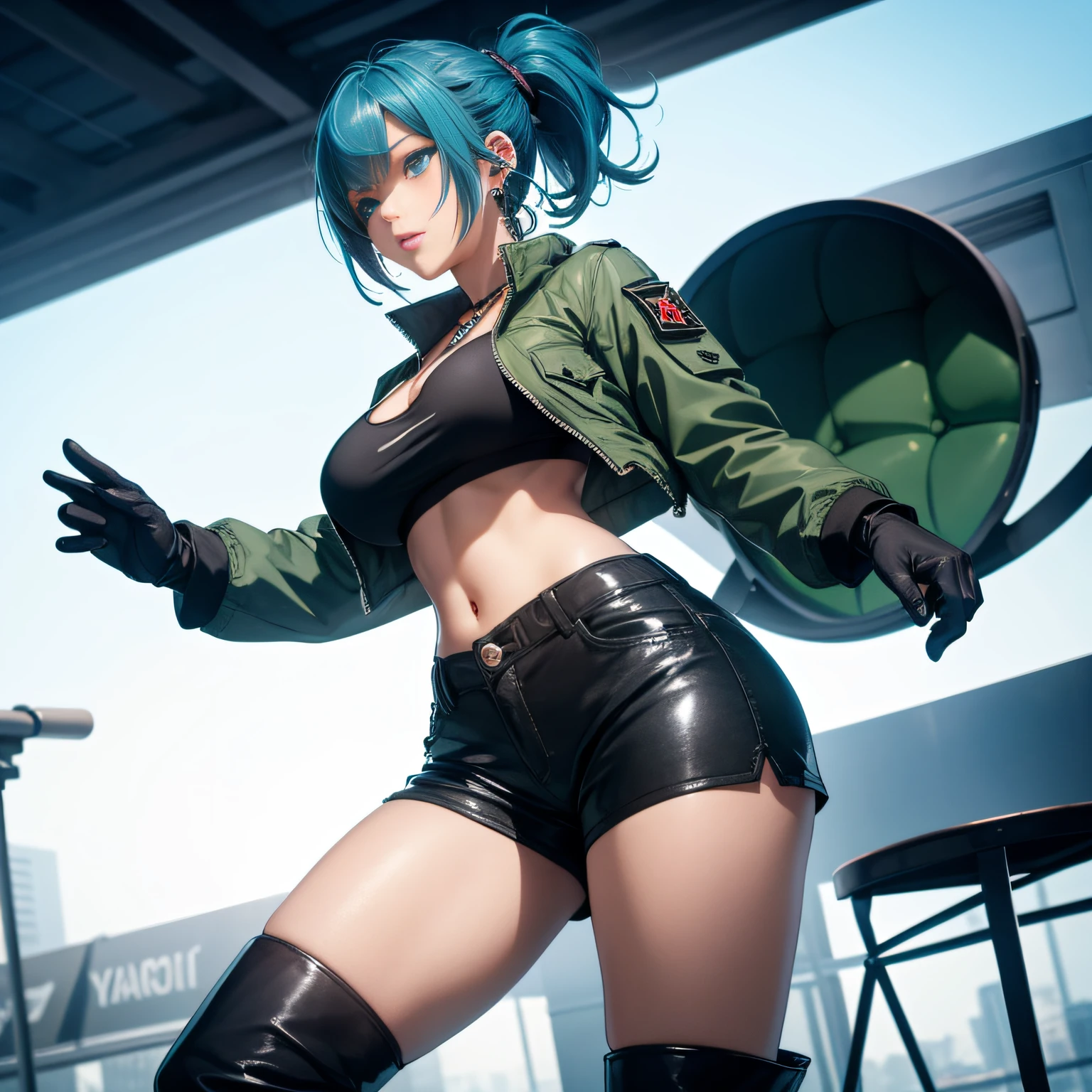 masterpiece,, best quality, highres, 1girl, leona heidern, blue hair, gloves, blue eyes, ponytail, boots, shorts, green shorts, midriff, crop top, black gloves, breasts, military uniform, green jacket, combat boots, earrings, jewelry, navel, large breasts, --auto