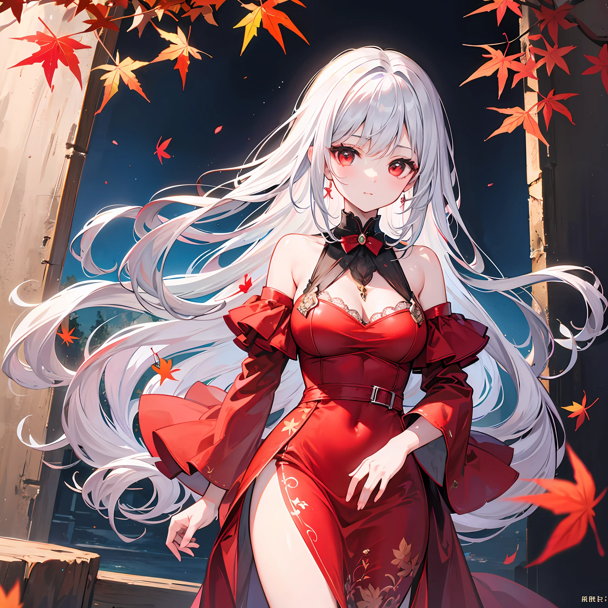 One Girl With Silver Hair、red-eyed、Red dress、night、autumn leaves