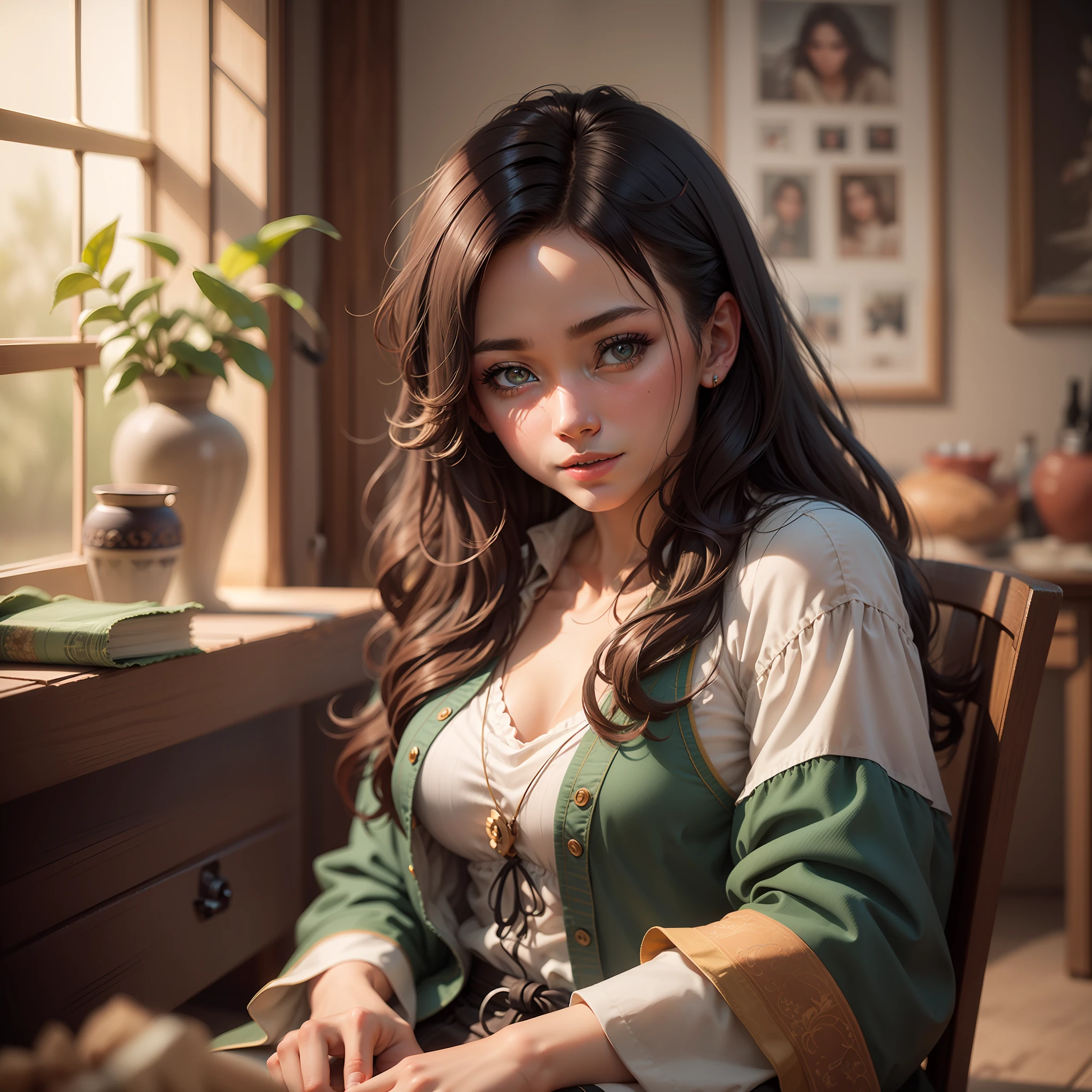 A stunningly realistic 18-year-old portrayed in a masterpiece of ultra-detailed artwork, 1girl, scavenger girl, sitting in a medieval fantasy tavern interior, colorful tapestries on the walls, fullbody, seductive lips, makeup, light smile, textured skin, nose blush, realistic eyes, cinematic lighting, chromatic aberration, ray tracing, reflection light, backlighting, Fujicolor, vignetting, Fujicolor, lens flare, Wide-Angle, 135mm, Nikon, Fujifilm