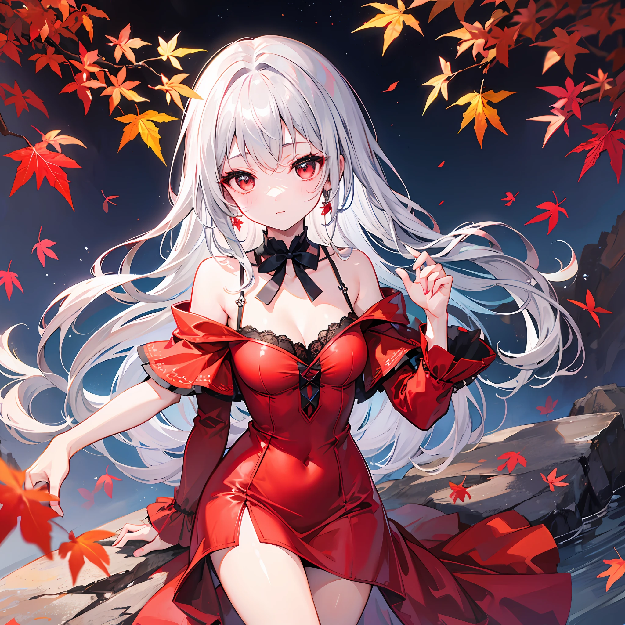 One Girl With Silver Hair、red-eyed、Red dress、night、autumn leaves