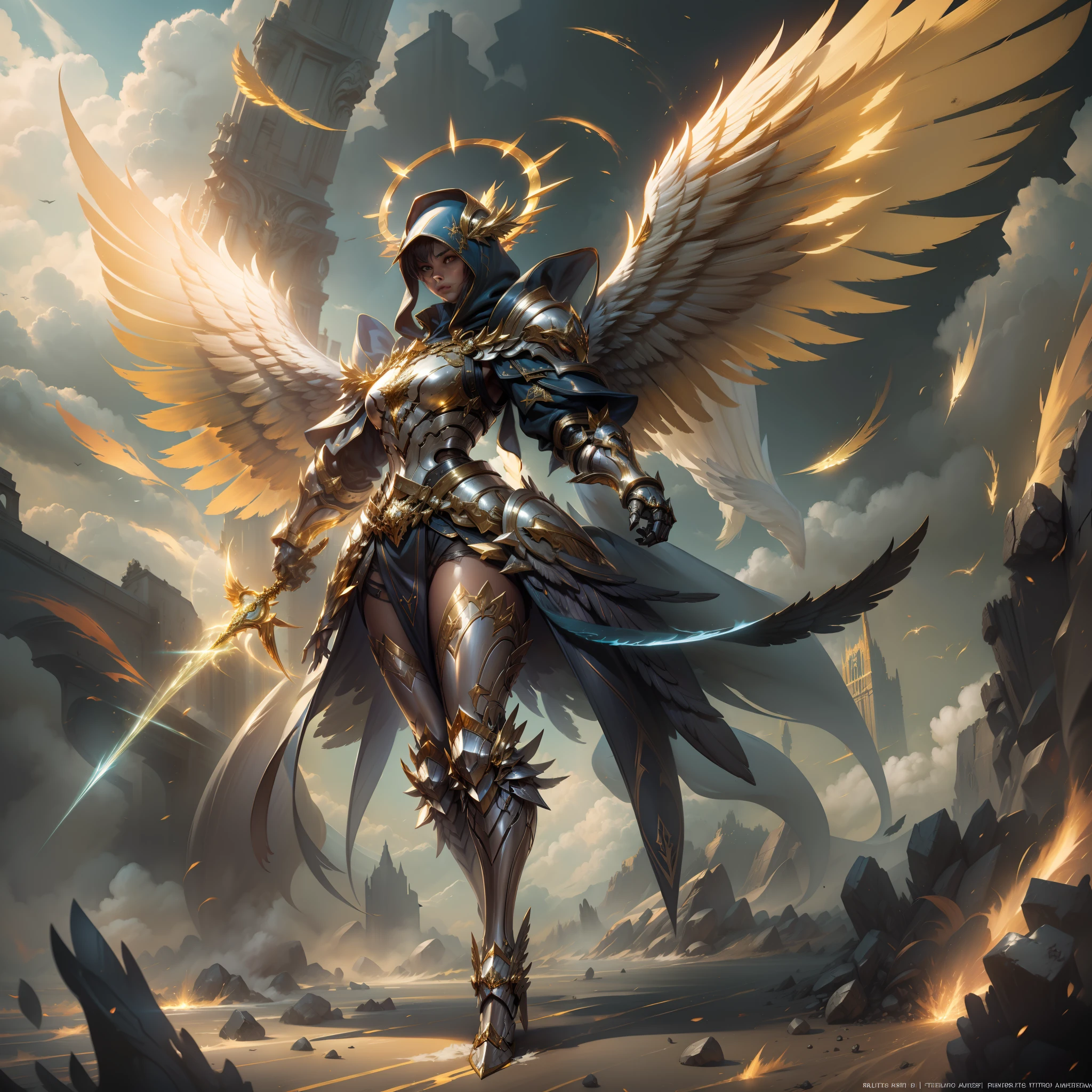 Golden armored angel, wings made of energy, metal halo, no face, hooded, gold, fantasy, concept art, ultra realistic, character art by greg rutkowski