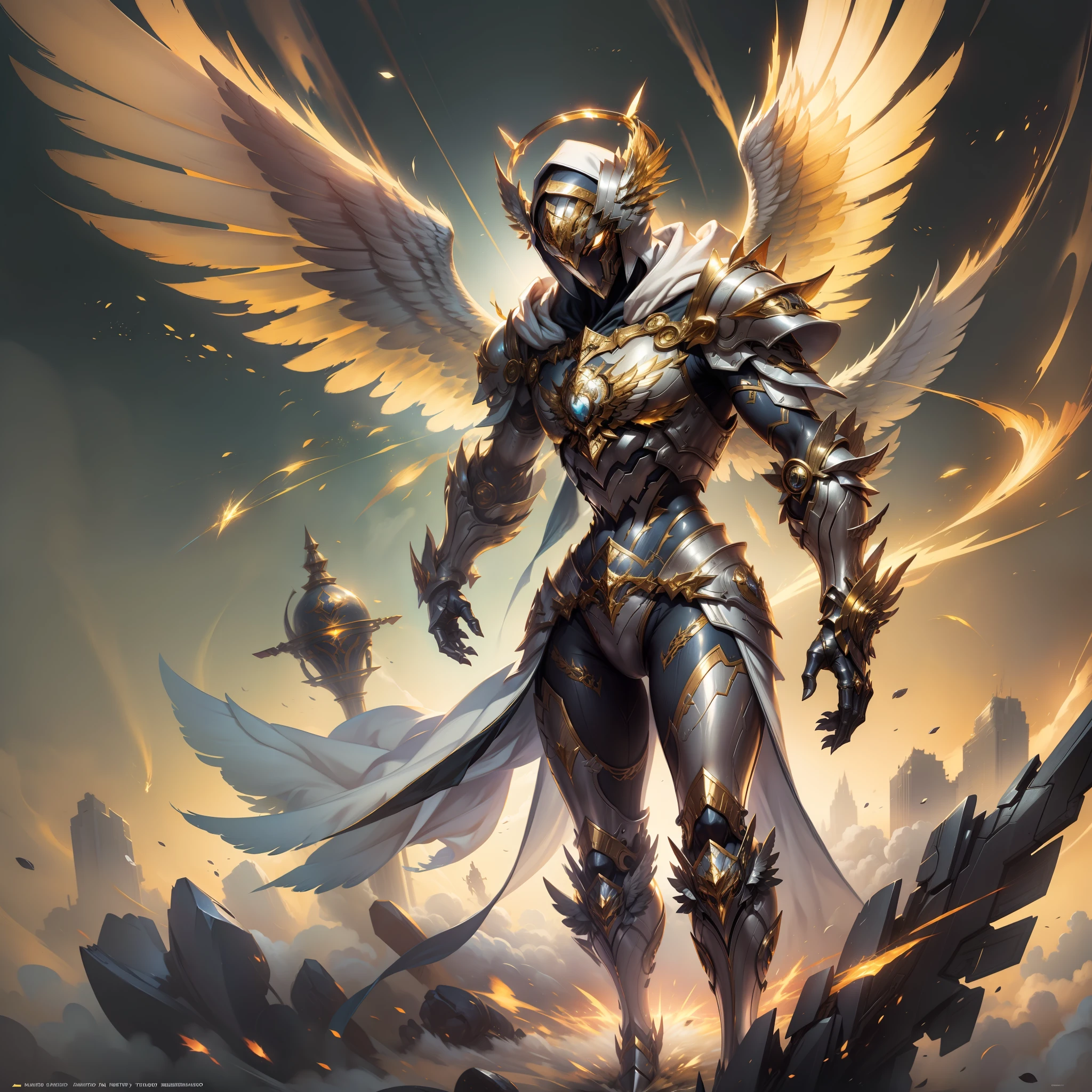 Golden armored angel, wings made of energy, metal halo, no face, hooded, gold, fantasy, concept art, ultra realistic, character art by greg rutkowski