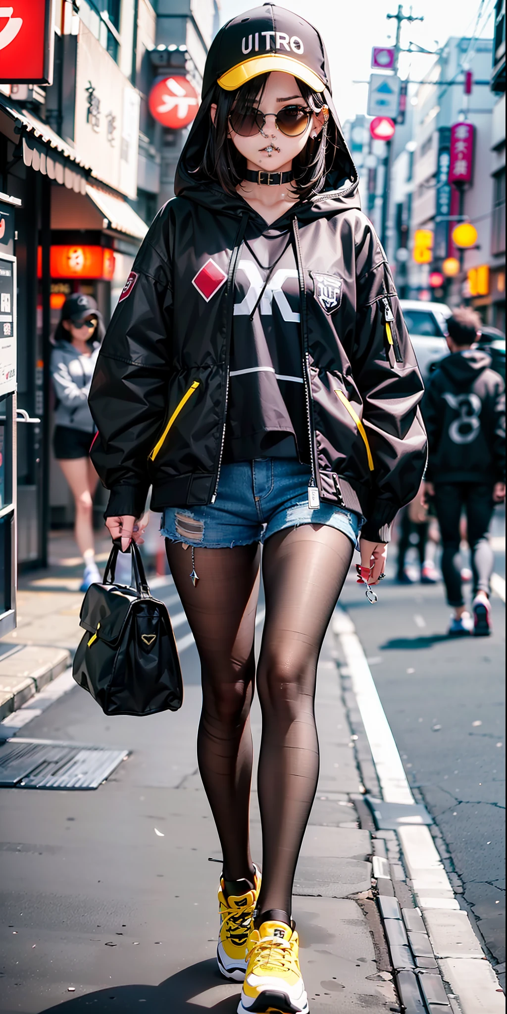 ((Best quality,8k,masterpiece))),((sharp image)),((Anime))A girl 19 years old,1.95 tall,perfect white skin,black hair,(((ultra detailed bright yellow color eyes))),(( black color hooded jacket with some Japanese letters written on the jacket)),ultra detailed,black color shredded shorts,lace pantyhose,beiseboll cap ultra detailed black color, black color sneakers, ((sunglasses)),(((ultra detailed nose piercing)))), walking the streets of Tokyo,(((full body)))
