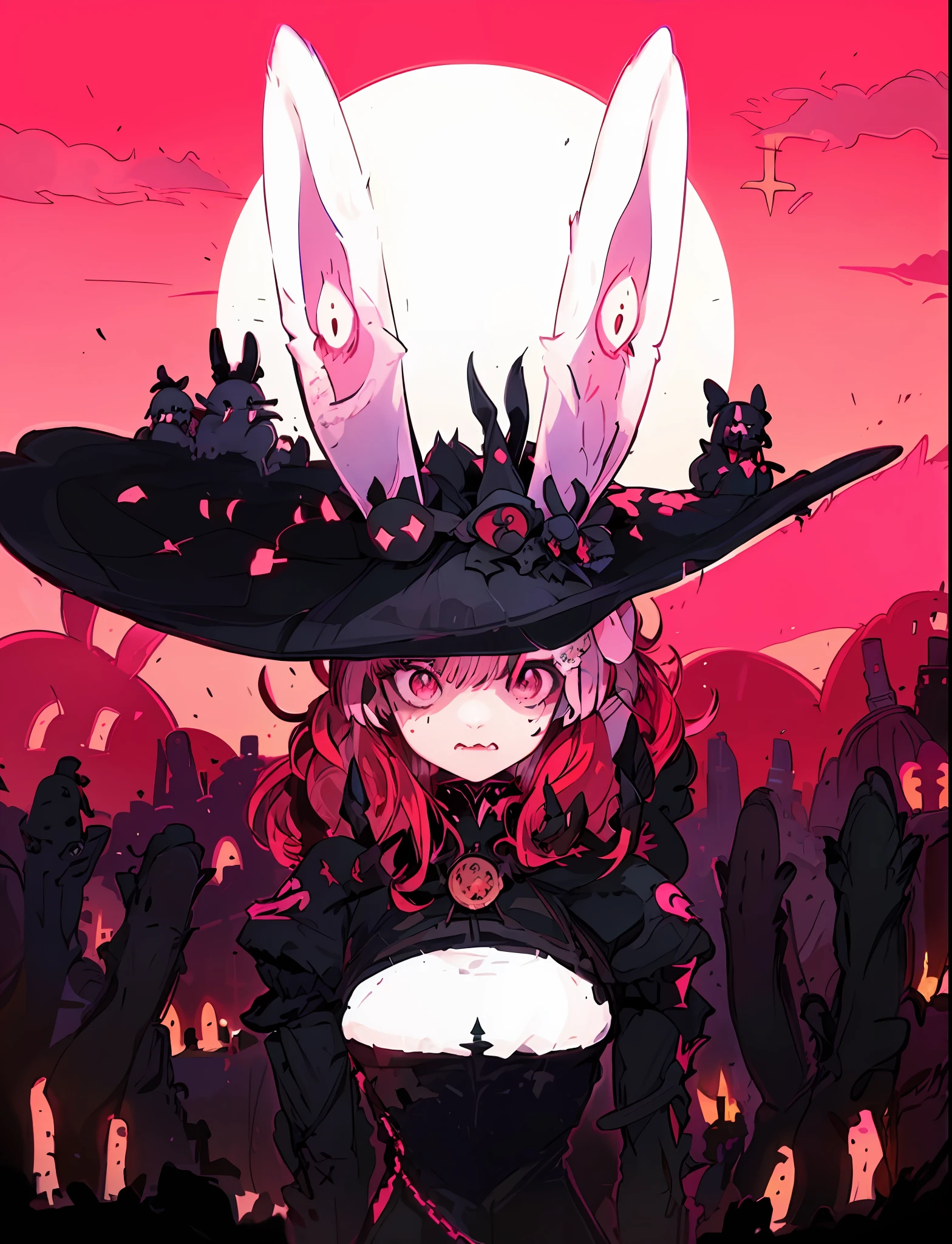 anime, black and white, hat, pink, hat, bunny ears, ears, ears, ears, ears, ears, ears, ears, ears, ears, the witch queen, ❤🔥🍄🌪, she has white eyes!!!, dark witch character, dark witch, queen of the underworld, pyre, gloomy, by Kanbun Master, alien princess