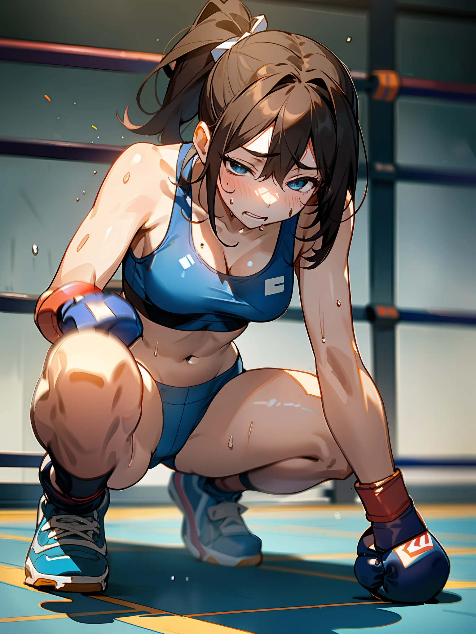 Female Boxers、Dark hair、ponytails、Dark blue sports bra、((Blue Boxing Gloves))、Full Body Sweat、Agony、Kneeling、Crouching、Closing one eye