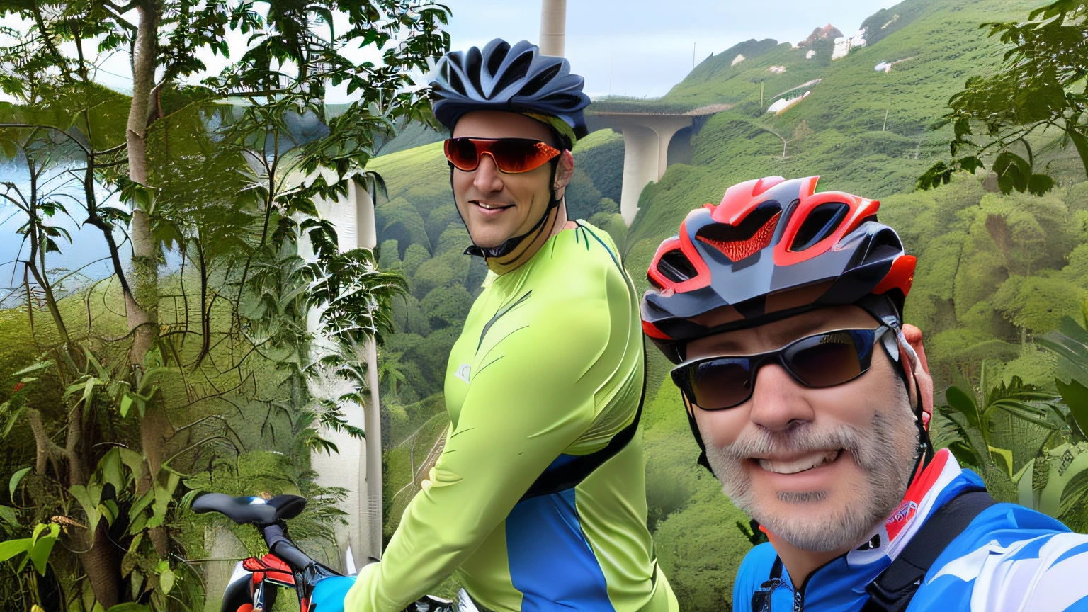 Realistic drawing of two men on bicycles posing for a photo together, ciclismo!!, Viagem de bicicleta Hoffman, conectado com ponte suspensa!!, Postagem no Reddit, Feliz!!!, horse riding, imagem do avatar, Direction: David Ruby, touring, instagram post, trying to ride it, Mars Ravelo e Greg Rutkowski, em um birdge, against the backdrop of trees