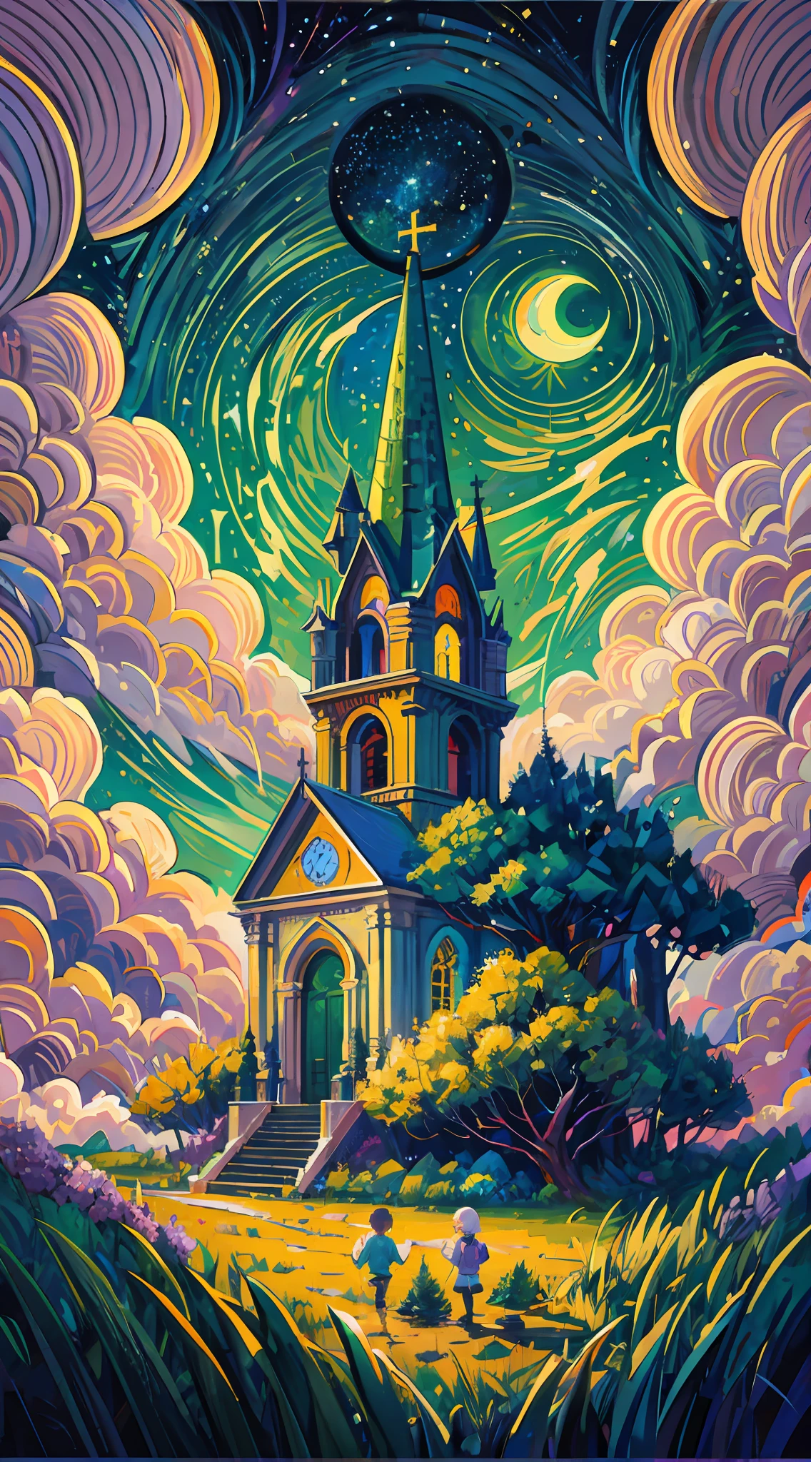 a painting of the church in ruigoord with a tower and a sky background, inspired by Dan Mumford, dan mumford and alex grey style, in the style dan mumford artwork, in the art style of dan mumford, dan mumford paint, el bosco and dan mumford, anton fadeev and dan mumford, painting by dan mumford, by Dan Mumford, jen bartel