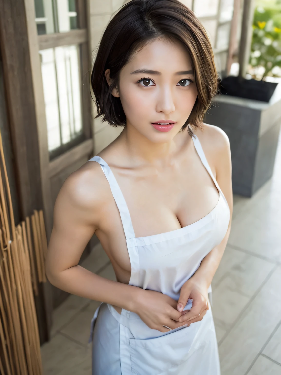 ((maximum quality、8K、傑作:1.3))、1 beautiful Japan girls、Beautiful woman with slender abs:1.3、(medium short hair、giant boobs:1.2)、(White naked apron:1.3)、hyper-detailed face、detailed eye、Double eyelidd、Home background、Slouching、chest cleavage、Shot over the veranda、Shot diagonally from above、surprised expression、
