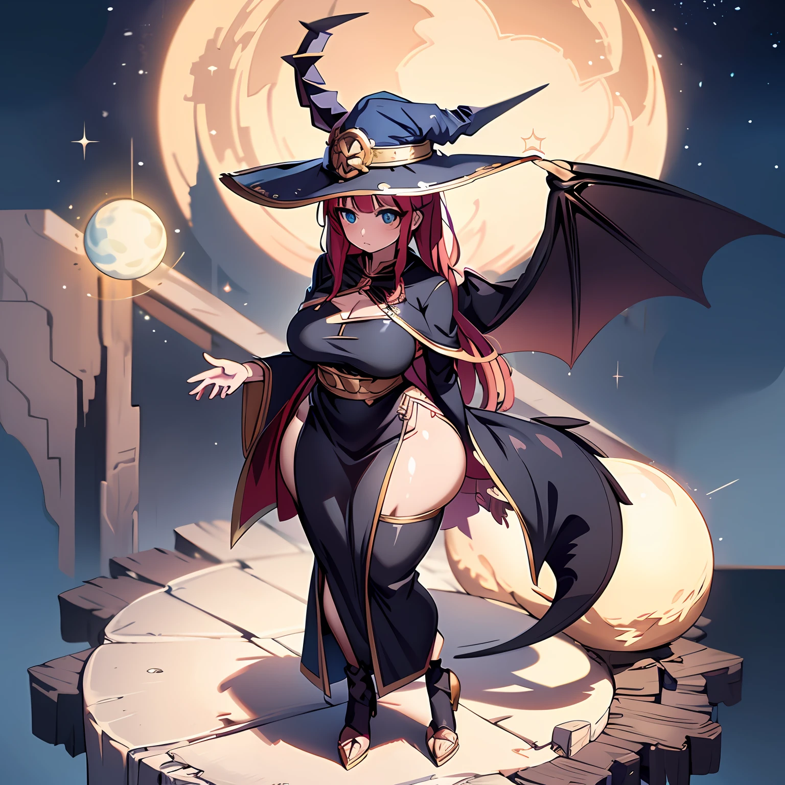 wizard girl, anime style, wizard hat, light blue wizard hat, stars and moons on the hat, dragon wings, black dragon wings, full body