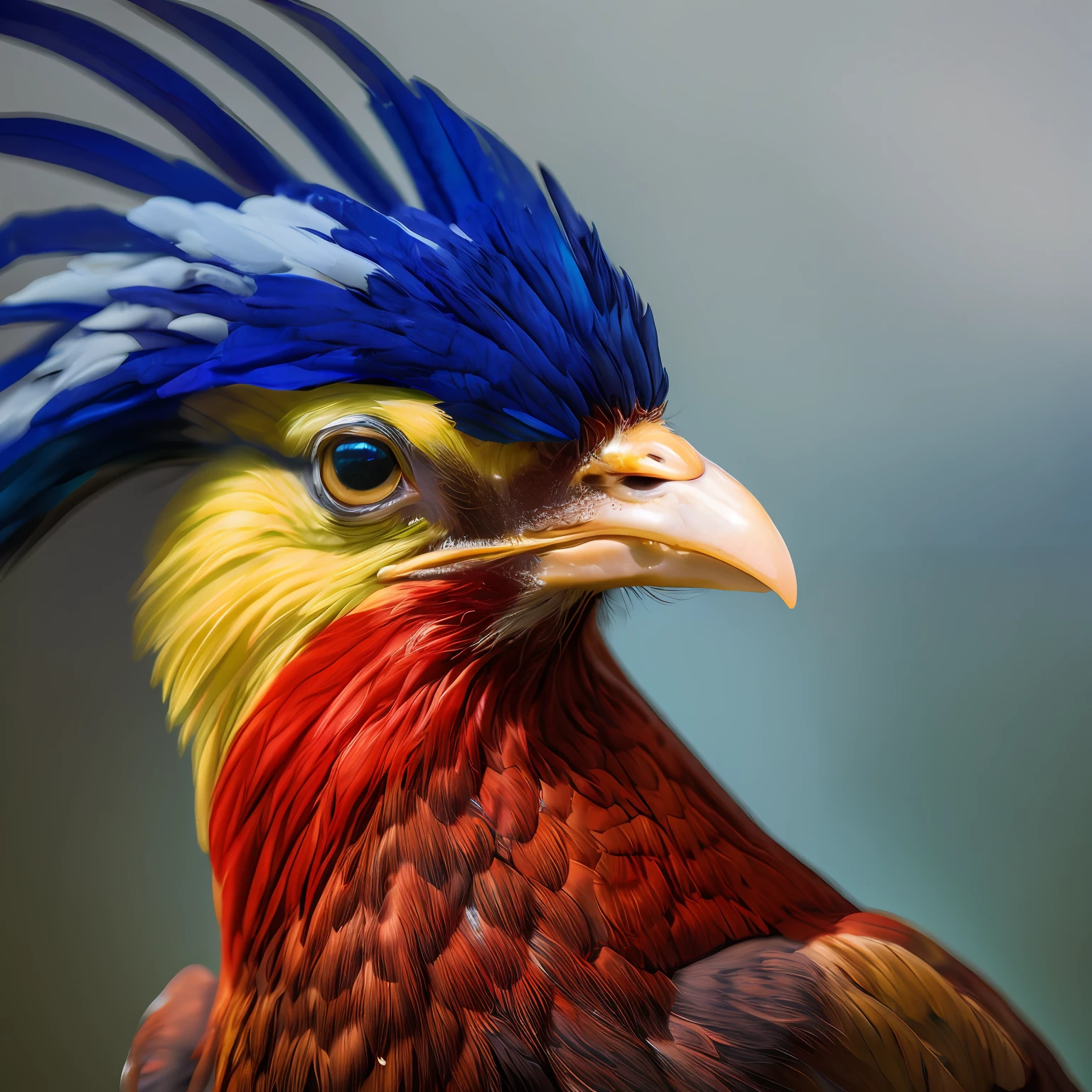 A beautiful, colorful rooster in a dynamic portrait pose from a low, ultra-low camera angle against a cobalt blue sweep. The photograph is highly detailed using a professional camera with a macro lens. It's an ultra-sharp, 8k resolution, with rigid focus on the head and eyes of the rooster, mostrando suas penas intrincadas e brilhantes e texturas ricas. The lighting is dramatic and the composition is dynamic, Tilt displacement angle with a shallow depth of field and a sharp focus on the's eyes and head with bokeh in the background. The colors are cobalt blue, turquesa, amarelo, laranja e vermelho. --ar 9:18 --chaos 7--s 1000 --v 5 --auto