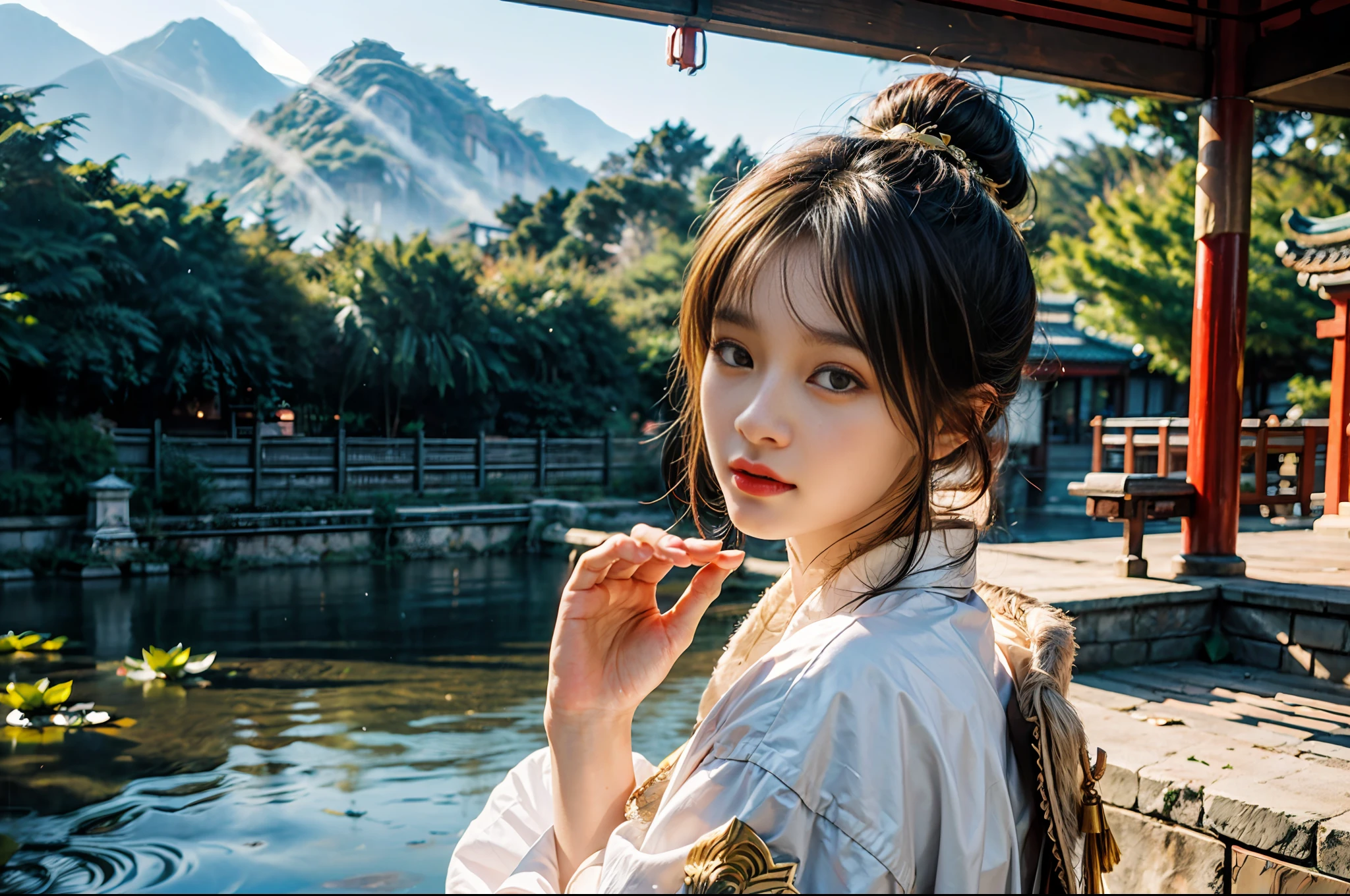 realistic, big vista, wide angle lens, intricate details, super detailed, natural skin texture, 1 girl, hair bundle, bun, beautiful Chinese woman in white hanfu robe cloak, fairy, white mist, golden light, white mist, outdoors, in Hangzhou West Lake, in ancient Chinese pavilion, (colorful, vivid, sunny, cool light: 1.2) lotus leaves in pond, delicate facial details, dynamic poses, exquisite details, wide view, epic details, global illumination - ar 3:2 - Q 5 - V 5.1 - Style RAW-S 750, style influenced by ancient Chinese art, complex, high detail, sharp focus, dramatic, photorealistic painting art, lotus leaf, spring rain, bright, light, atmospheric, bright tones of spring, super detail, 16k, best quality, soft light, space, crystal clear, natural light, surreal photography,