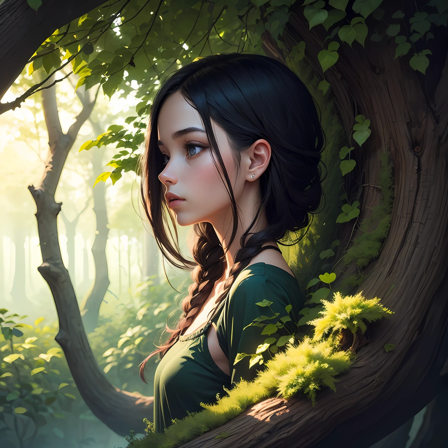 Illustration of a person merging with nature, symbolizing the interconnection with all that exists. --auto
