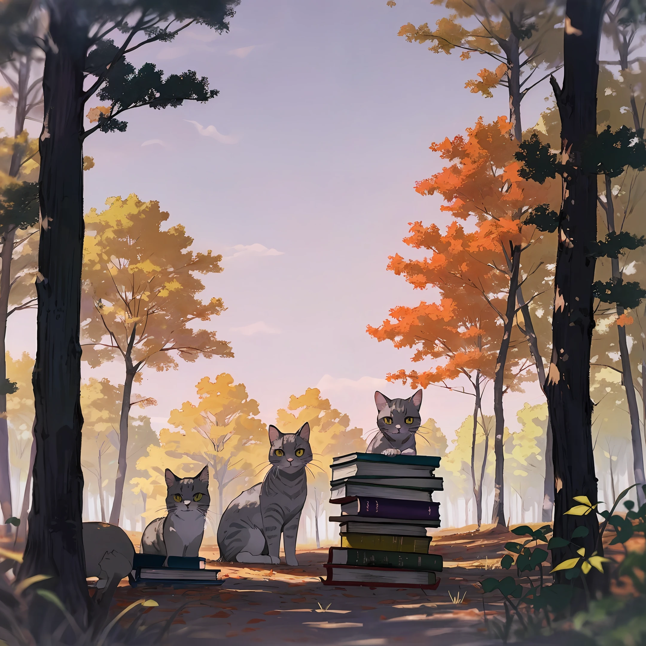 Several books in a forest in autumn with gray cats and purple sky with yellow clouds.