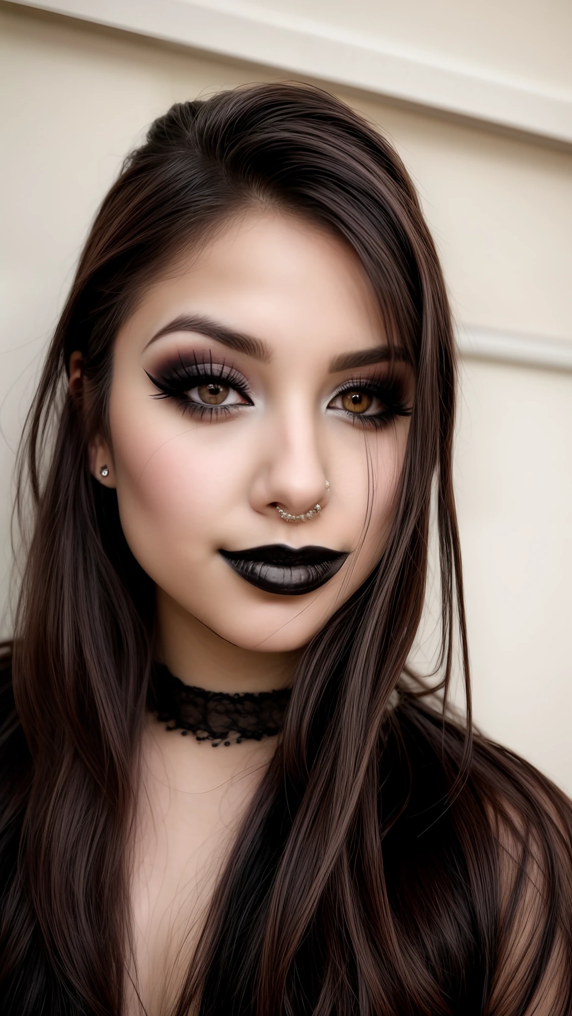 um close up de uma mulher com um anel de nariz falso e um anel de nariz falso, piercing septal, Batom Preto, maquiagem escura, coleira de piercings, Batom escuro, wearing goth makeup, girl gotic, small lips pointy nose, 1 7 - year - old goth girl, goth makeup, maquiagem escura em seu rosto, olhos escuros e penetrantes, Sorriso fraco Batom escuro