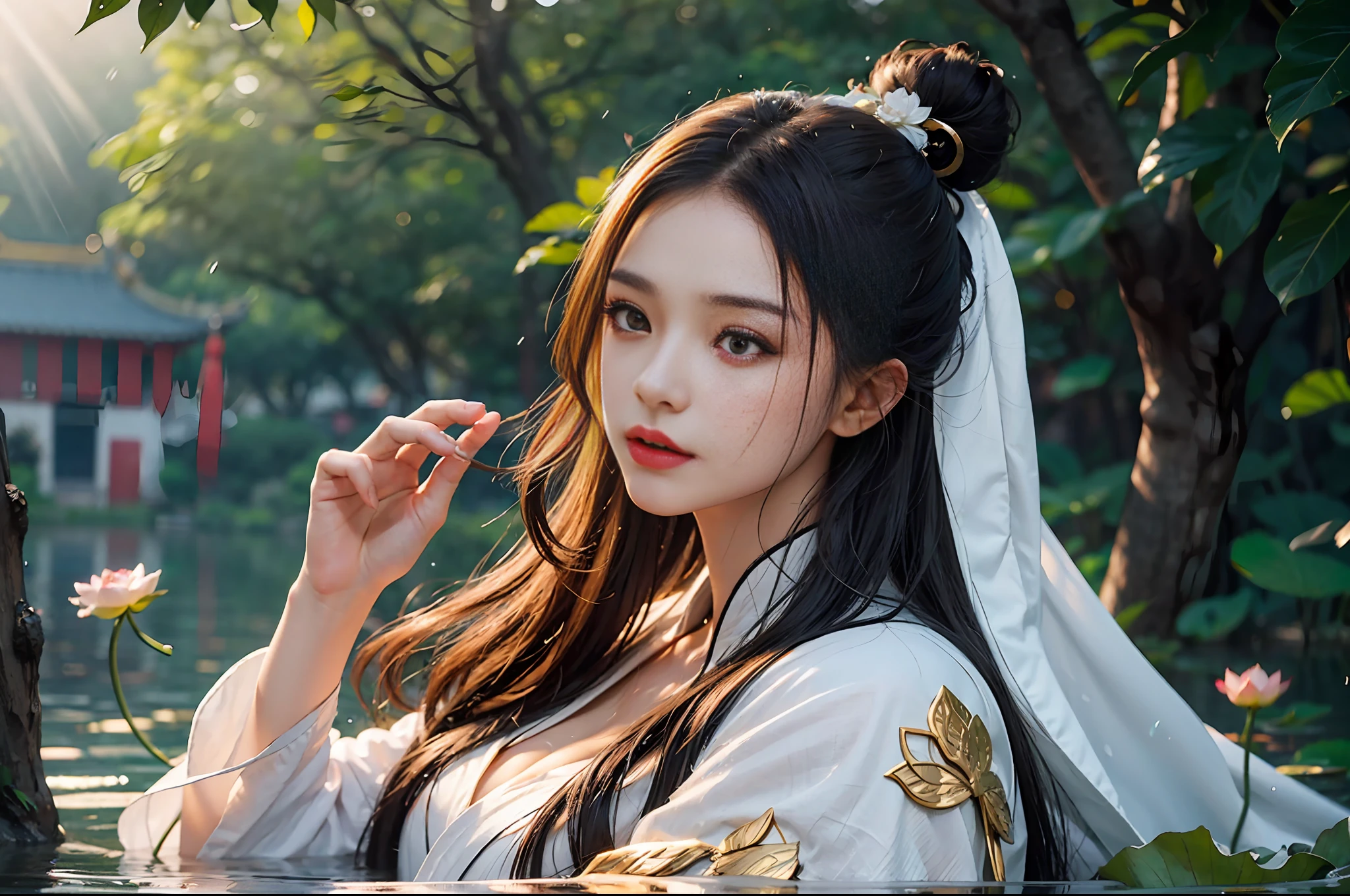 Realistic, close-up, intricate details, super detailed, natural skin texture, 1 girl, hair bundle, bun, beautiful Chinese woman in white hanfu robe cloak, fairy, white mist, golden light, white mist, outdoors, in Hangzhou West Lake, in ancient Chinese pavilion, (colorful, vivid, sunny, cool light: 1.2) lotus leaves in pond, delicate facial details, dynamic poses, exquisite details, wide field of view, epic details, global illumination - ar 3:2 - q 5 - v 5.1 - Style RAW-S 750, style influenced by ancient Chinese art, complex, high detail, sharp focus, dramatic, photorealistic painting art, lotus leaf, spring rain, bright, light, atmosphere, bright tones of spring, super detail, 16k, best quality, soft light, space, crystal clear, natural light, surreal photography,