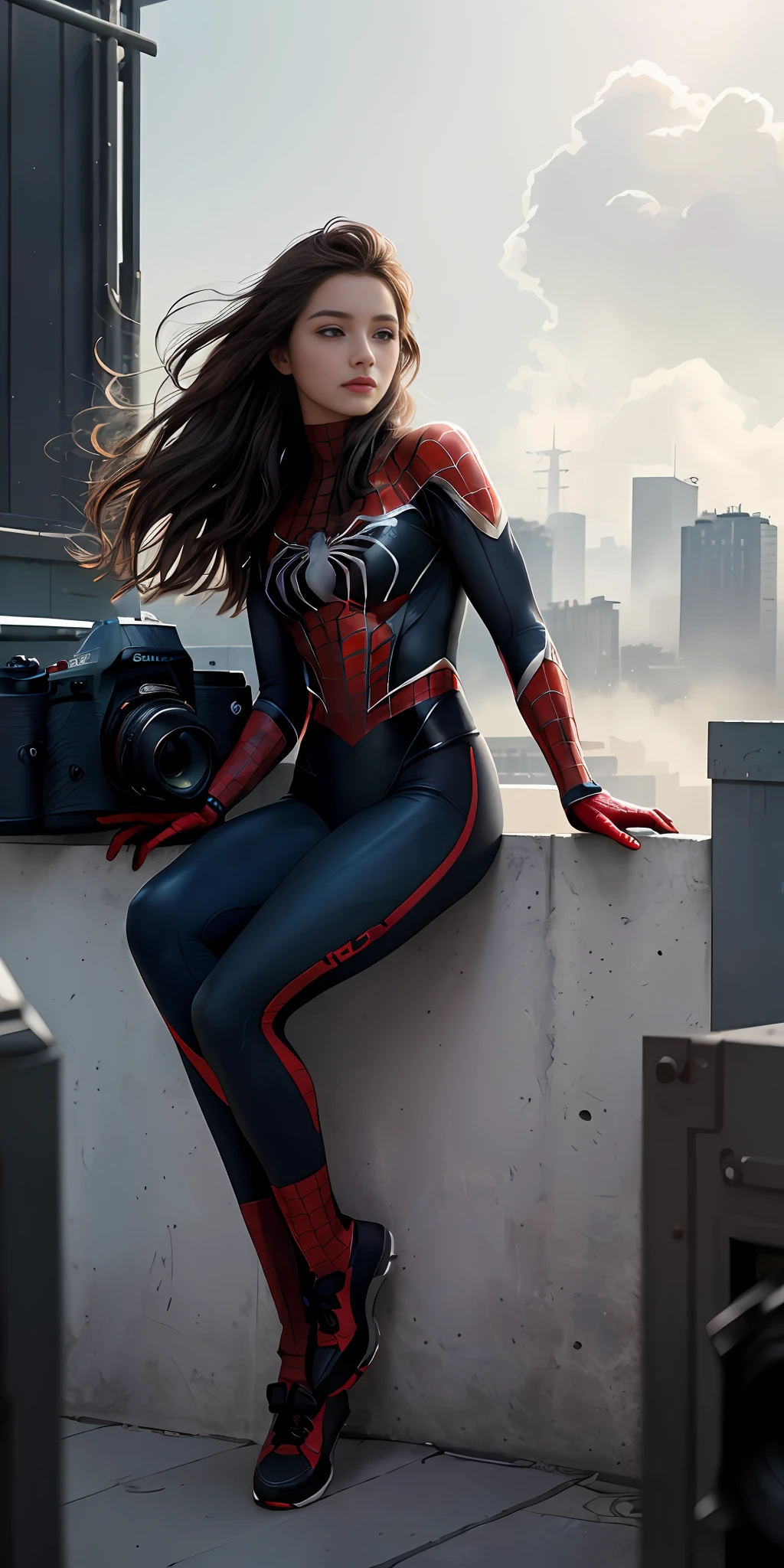 (1girl:1.3), solo, (((very detailled face))),((Very detailed eyes and face))),beautifuldetailedeyes,Body parts__,offical art,Unified 8k wallpaper,super verbose,Beautiful and beautiful,beatiful,A Masterpiece,best qualiy,raw,A Masterpiece,super fine photo,best qualiy,An ultra-Highres,Realistic realism,sunbeam,full-length portrait,stunningly beautiful,,dynamic posing,Delicate face,Energetic eyes,(from front), She wears a Spider-Man suit,the cat,Red and black color scheme,spider,Very detailed city roof background, Roof,Overlooking the city,Detailed face,detailed complex busy background,untidy,gorgeou,milky white,Highly detailed skin,Realistic skin details,Visible pores,Clear focus,Volumetric fog,8k uhd,digital DSLR camera,high quailty,Film grain,white fair skin,Photo realism,lomography,A huge metropolis of the dystopia of the future, translucence
