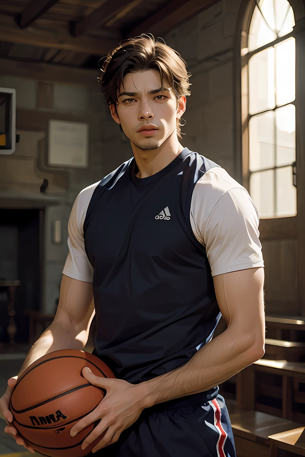 Um homem jogando basquete, retrato por Yumihiko Amano, Destaque no CGSetaltion, Pre-Raphaelitesmn, roupas esportivas, Macho