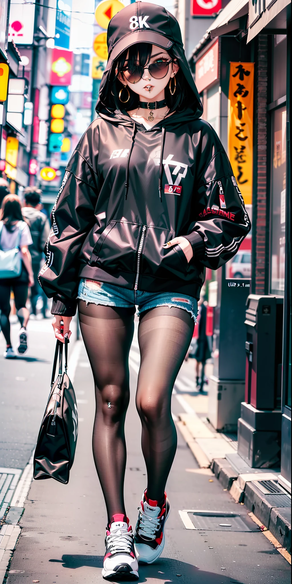 ((Best quality,8k,masterpiece))),((sharp image)),((Anime))A girl 19 years old,1.95 tall,perfect white skin,black hair,(((ultra detailed bright yellow color eyes))),(( black color hooded jacket with some Japanese letters written on the jacket)),ultra detailed,black color shredded shorts,lace pantyhose,beiseboll cap ultra detailed black color, black color sneakers, ((sunglasses)),(((ultra detailed nose piercing)))), walking the streets of Tokyo,(((full body)))