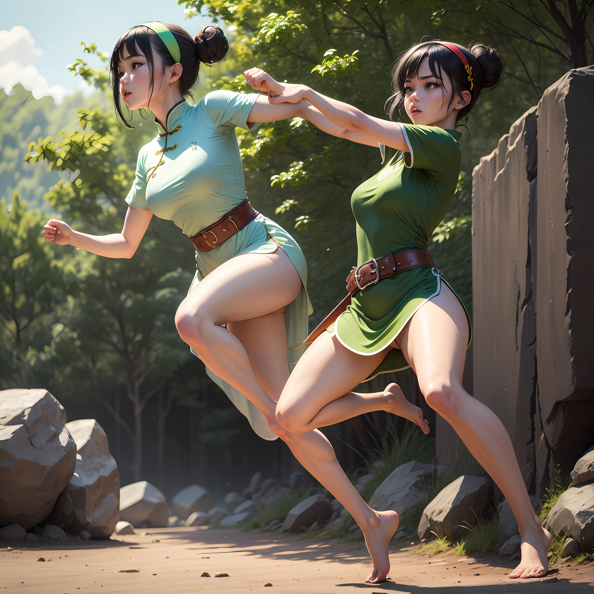 masterpiece, best quality, highres, 1girl, solo, black hair, hairband, belt, short hair, dress, blue eyes, hair bun, green hairband, blind, chinese clothes, hair bun, green dress, short sleeves, pelvic curtain, barefoot, fighting stance, rock, outdoors, --auto