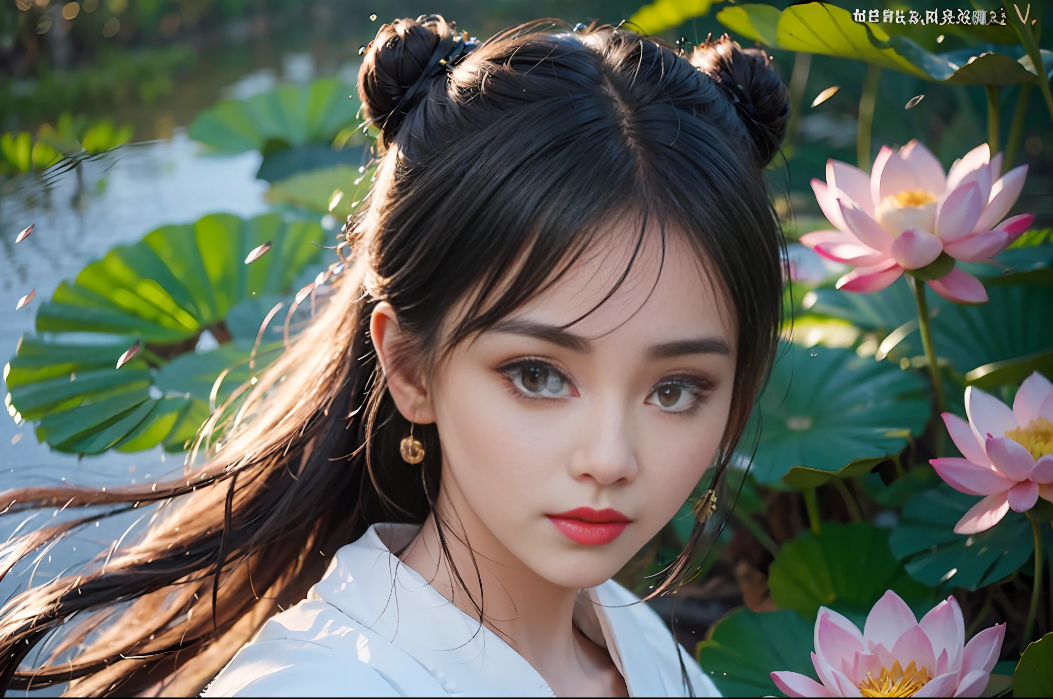 Realistic, close-up, intricate details, super detailed, natural skin texture, 1 girl, hair bundle, bun, beautiful Chinese woman in white hanfu robe cloak, fairy, white mist, golden light, white mist, outdoors, in Hangzhou West Lake, in ancient Chinese pavilion, (colorful, vivid, sunny, cool light: 1.2) lotus leaves in pond, delicate facial details, dynamic poses, exquisite details, wide field of view, epic details, global illumination - ar 3:2 - q 5 - v 5.1 - Style RAW-S 750, style influenced by ancient Chinese art, complex, high detail, sharp focus, dramatic, photorealistic painting art, lotus leaf, spring rain, bright, light, atmosphere, bright tones of spring, super detail, 16k, best quality, soft light, space, crystal clear, natural light, surreal photography,
