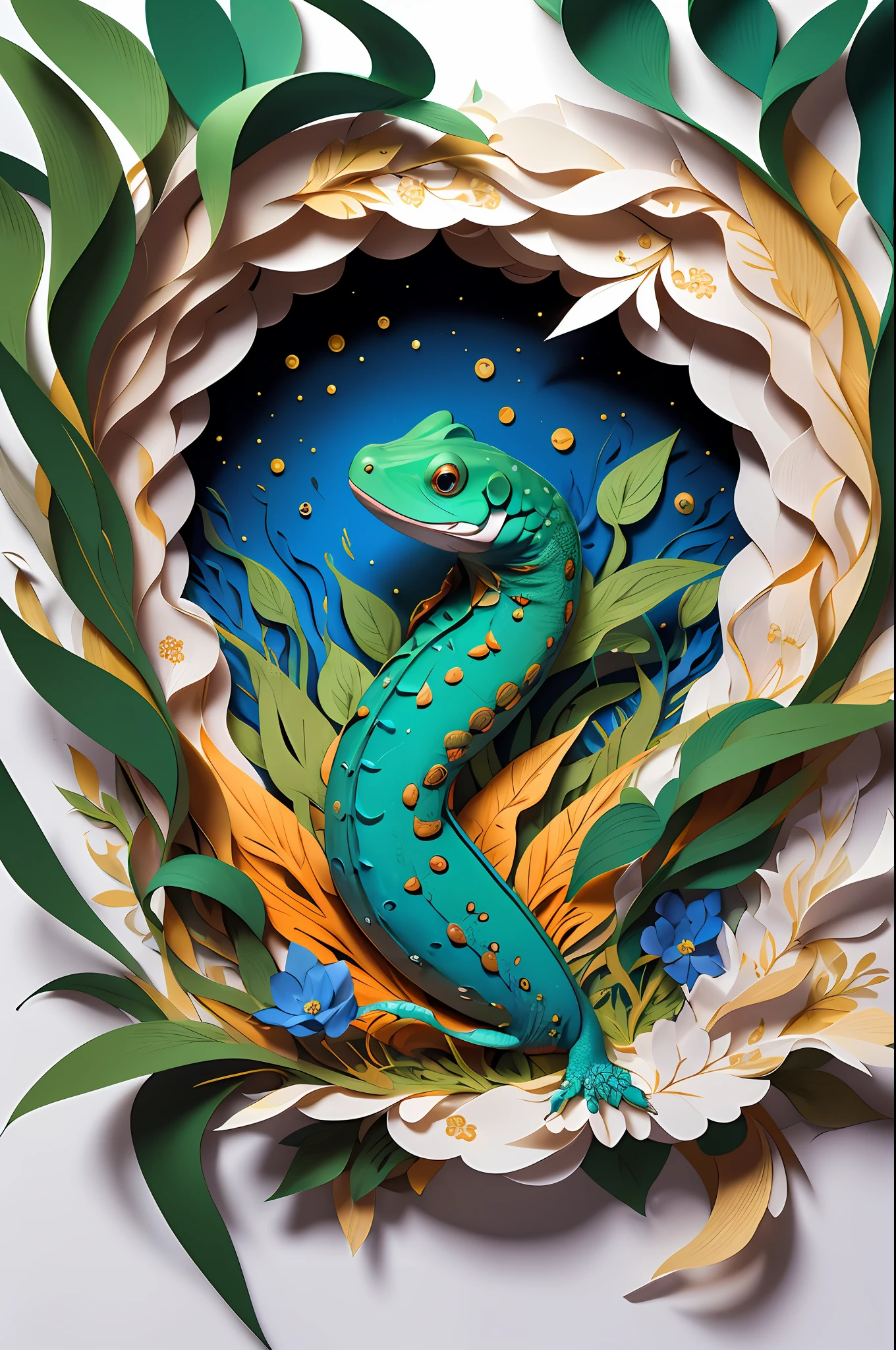 realistic, (best quality, masterpiece:1.3),Salamander, paper_cut,