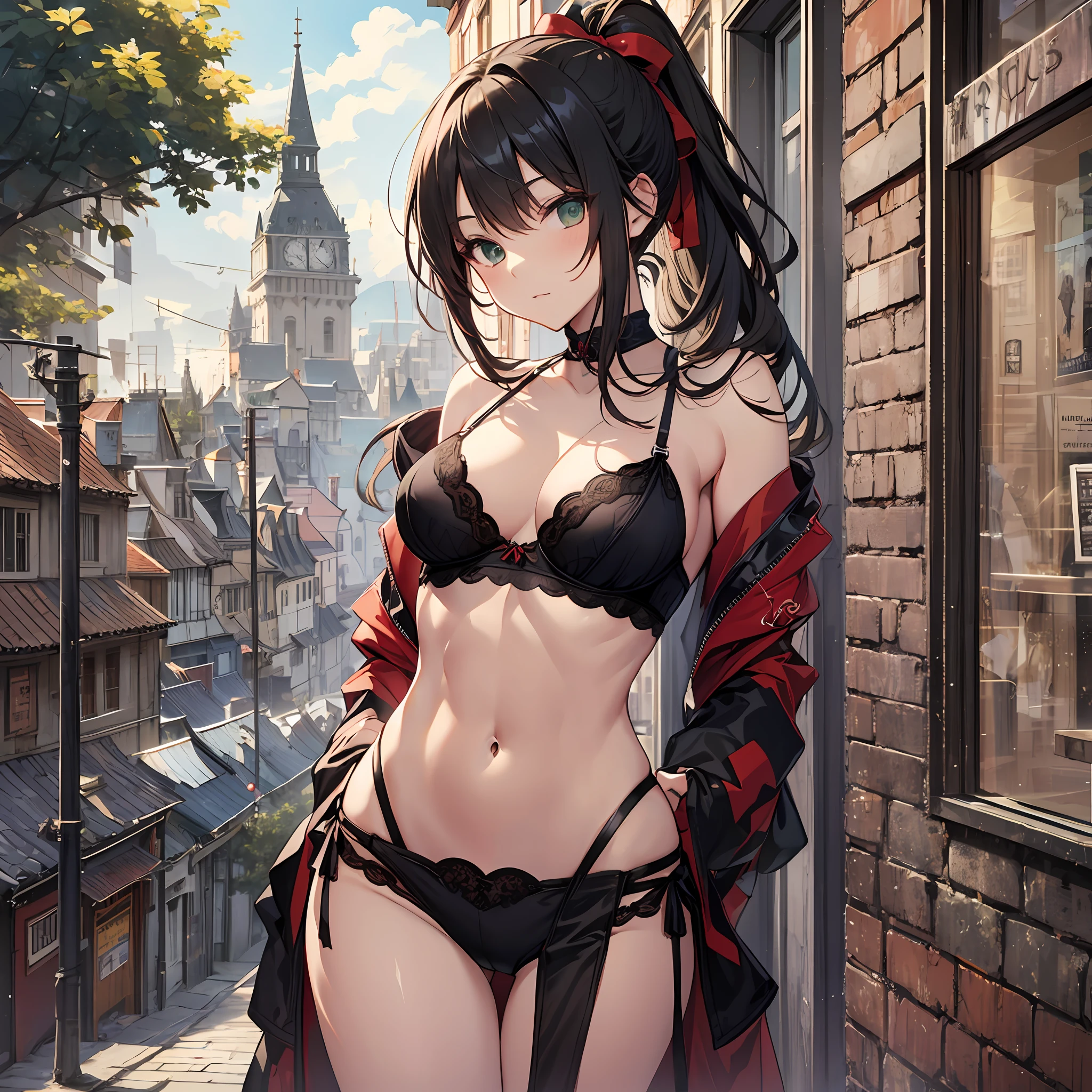 maximum quality　　Chinon　a ninja　A sexy　ponytails　Kunoichi　slender and neat legs　Beautiful abs　Super slender　little breasts　Cool face　small tits　１５Age　Dark hair　Green Ribbon　random posing　Old townscape　Check Lingerie　In the room