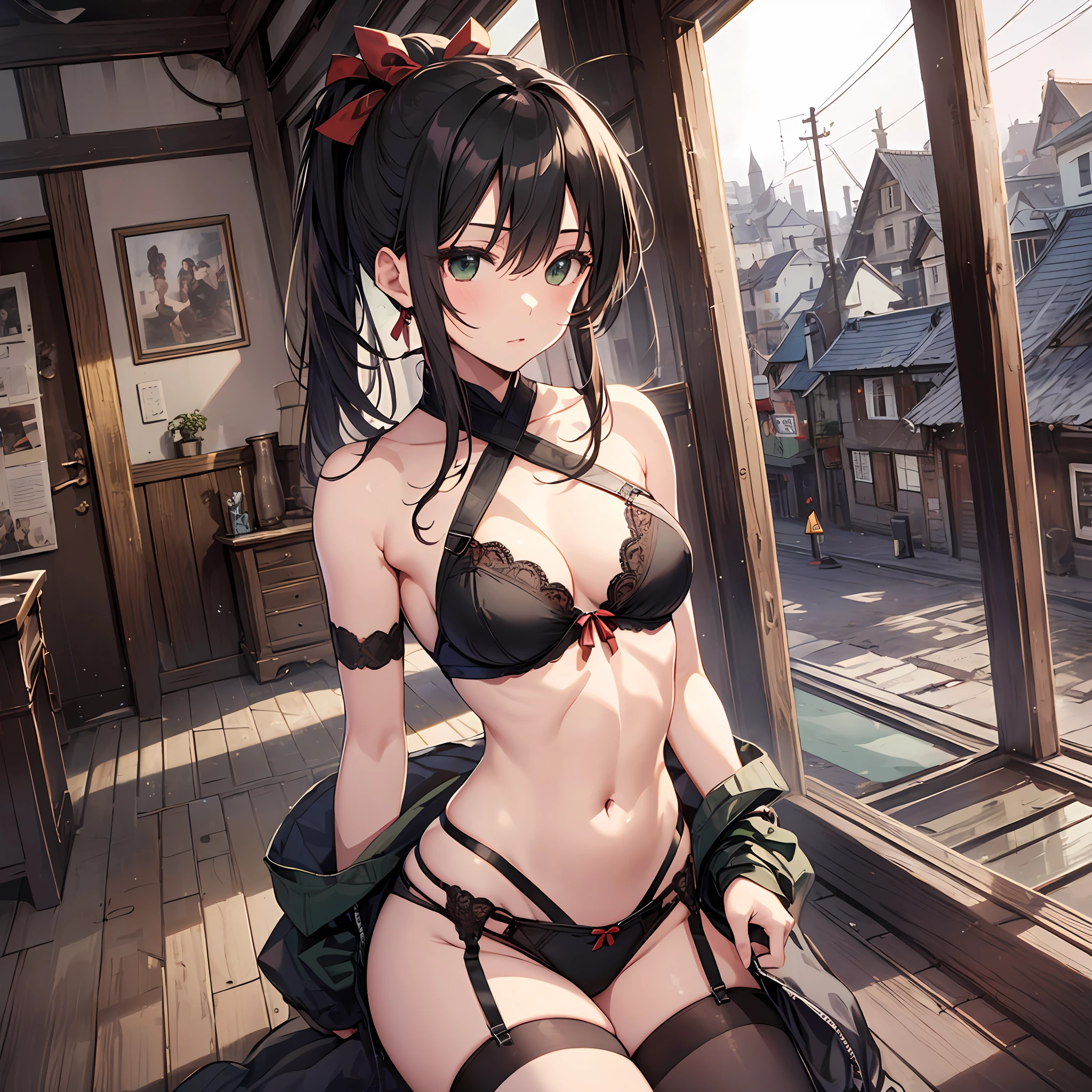 maximum quality　　Chinon　a ninja　A sexy　ponytails　Kunoichi　slender and neat legs　Beautiful abs　Super slender　little breasts　Cool face　small tits　１５Age　Dark hair　Green Ribbon　random posing　Old townscape　Check Lingerie　In the room